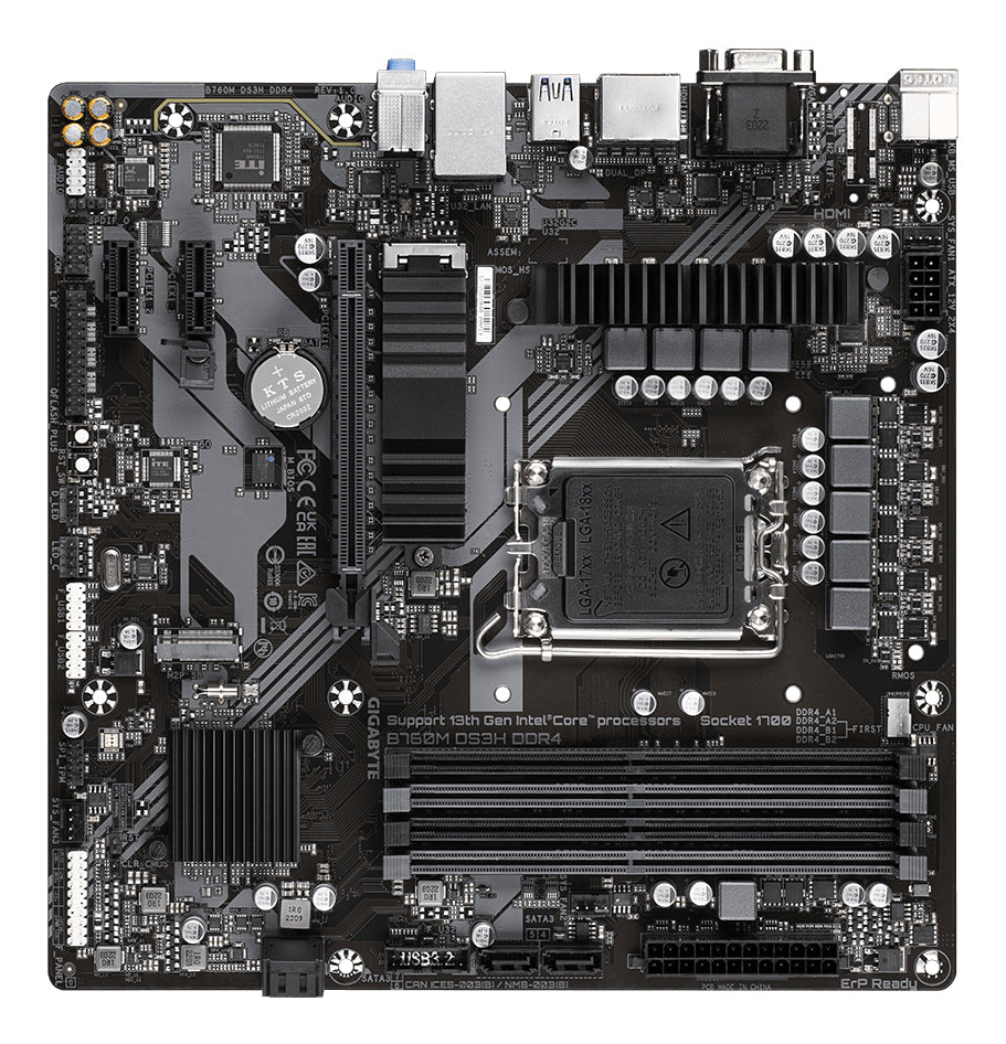 GIGABYTE B760M DS3H DDR4 Carte Mère - Prend en charge les processeurs Intel Core de 14e génération, VRM numérique 6+2+1 phases, jusqu'à 5333MHz DDR4 (OC), 2xPCIe 4.0 M.2, LAN 2.5GbE, USB 3.2 Gen2
