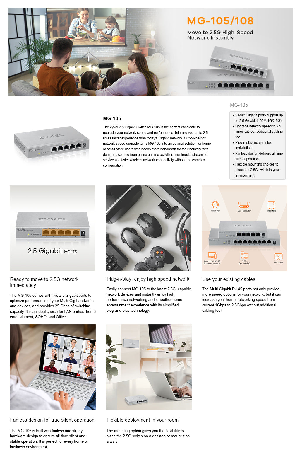 Zyxel MG-105 Non-géré 2.5G Ethernet (100/1000/2500) Acier