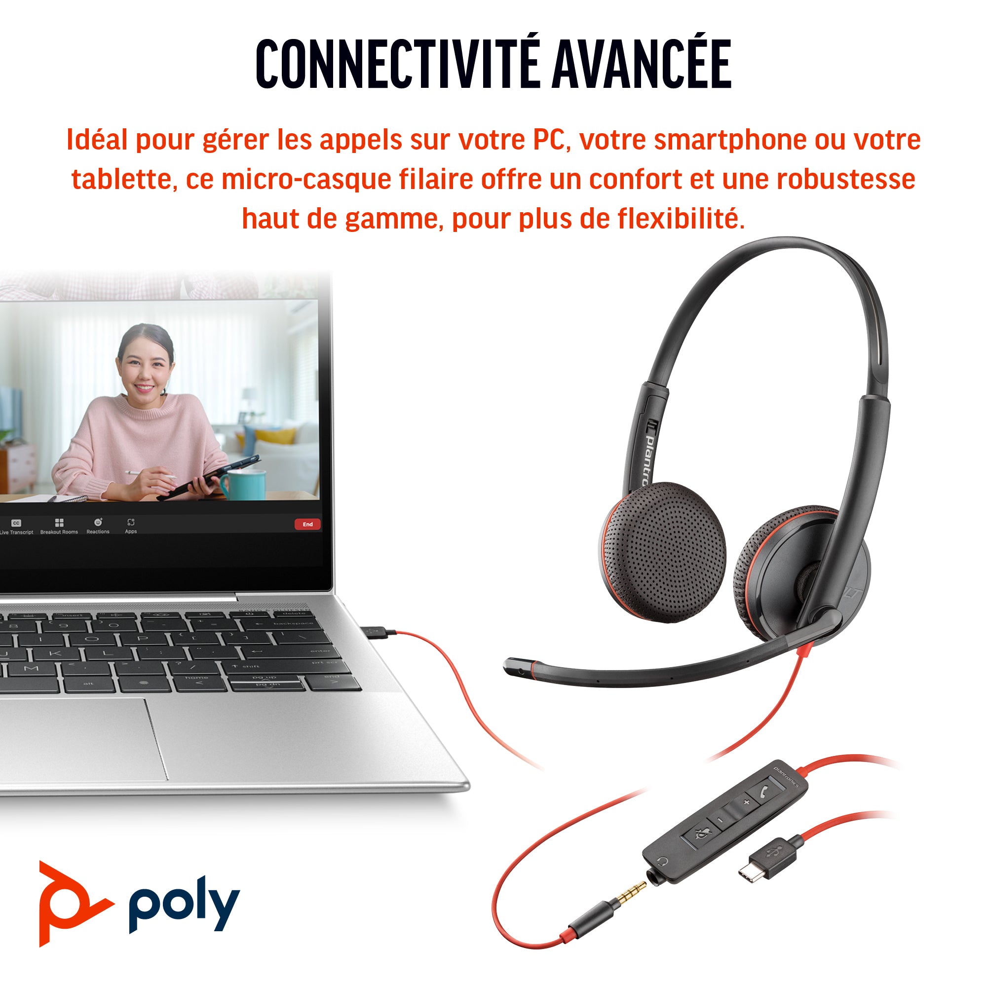 Poly Micro-casque stéréo USB-C Blackwire 3225 + prise 3,5 mm + adaptateur USB-C/A (lot)