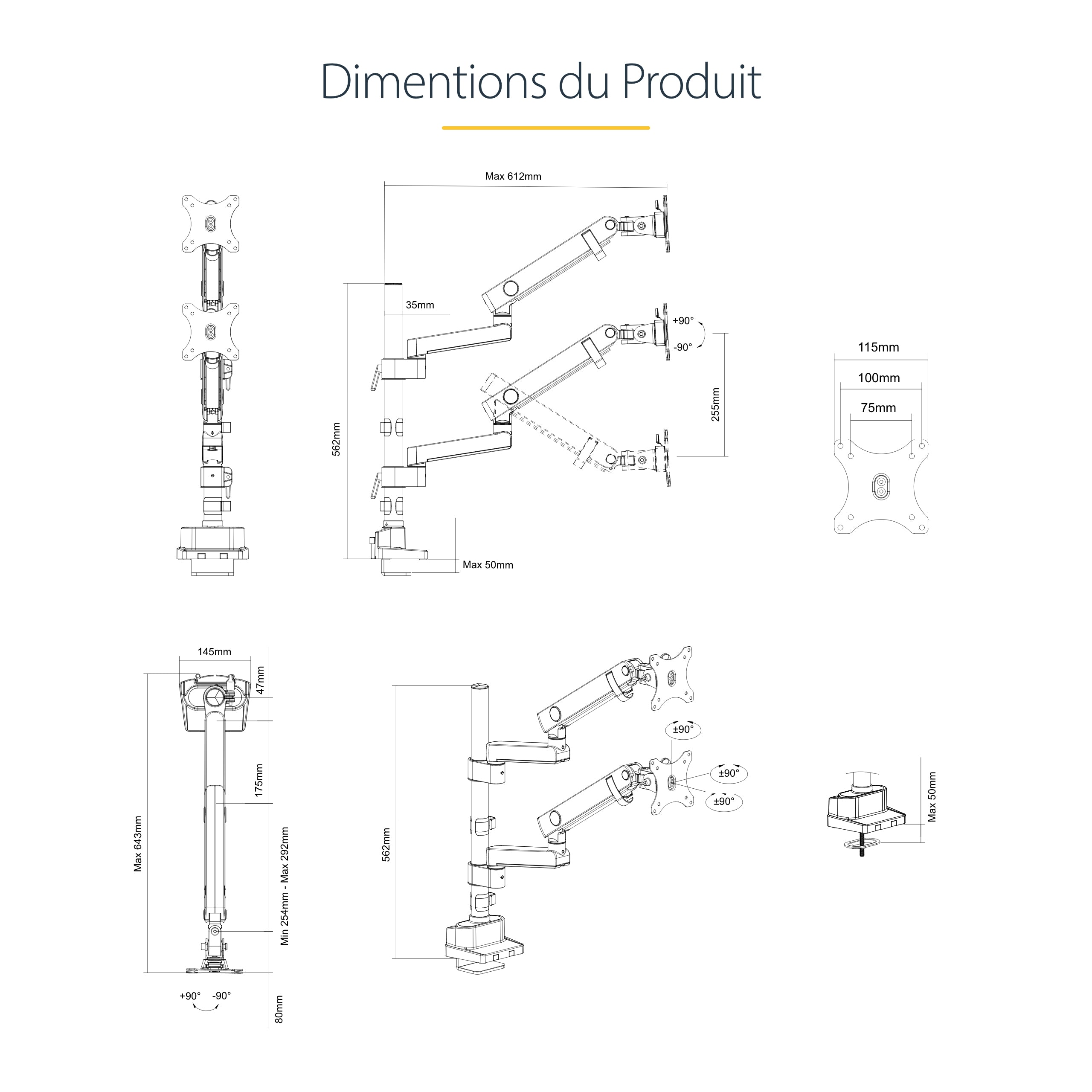 StarTech.com Support Double Écran PC - Bras Double Moniteur VESA - 32" 8kg - Empilables Verticalement - Porte 2 Écrans Hauteur Réglable/Articulé - Fixation Pince/Sillet