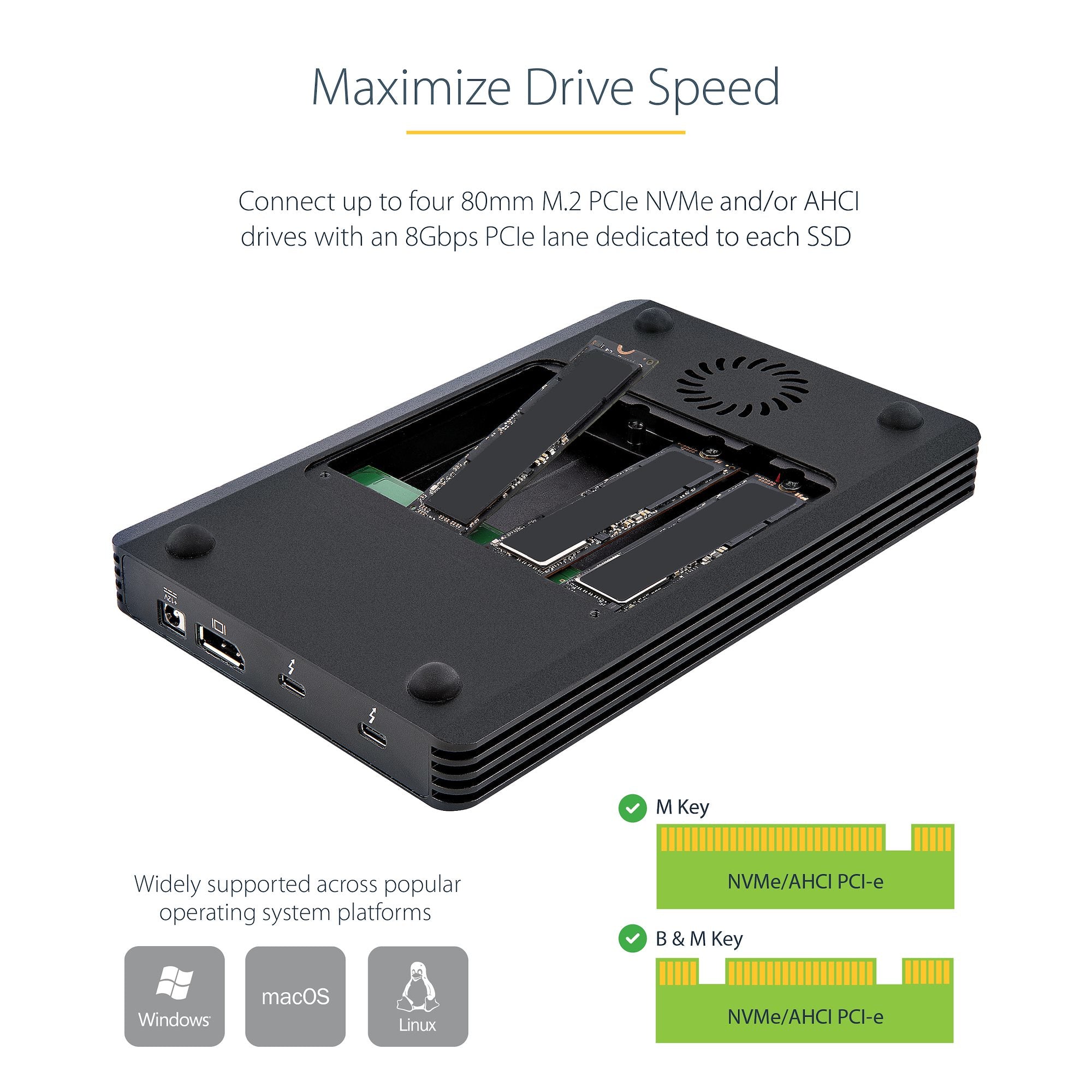 StarTech.com Boîtier SSD M.2 NVMe Thunderbolt 3 à 4 Baies - Boîtier Disque Dur Externe 1 DisplayPort vidéo et 2 Ports TB3 Downstream - Boîtier pour Disque Dur - Boîtier SSD Externe, 40Gbps, Alimentation 72W