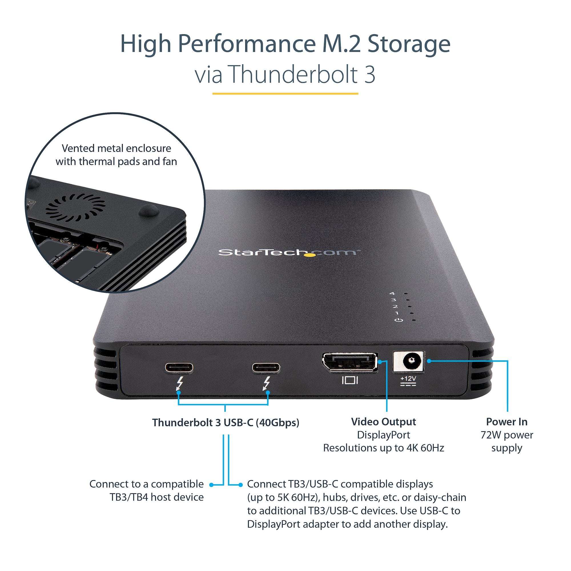 StarTech.com Boîtier SSD M.2 NVMe Thunderbolt 3 à 4 Baies - Boîtier Disque Dur Externe 1 DisplayPort vidéo et 2 Ports TB3 Downstream - Boîtier pour Disque Dur - Boîtier SSD Externe, 40Gbps, Alimentation 72W