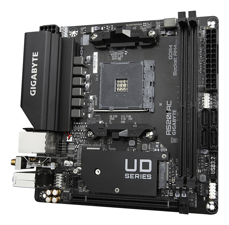 GIGABYTE A520I AC Carte Mère - Prend en charge les processeurs AMD Ryzen 5000 Series AM4, 6 phases VRM numériques, jusqu'à 5300MHz DDR4 (OC), 1xPCIe 3.0 M.2, WIFI, GbE LAN, USB 3.2 Gen1