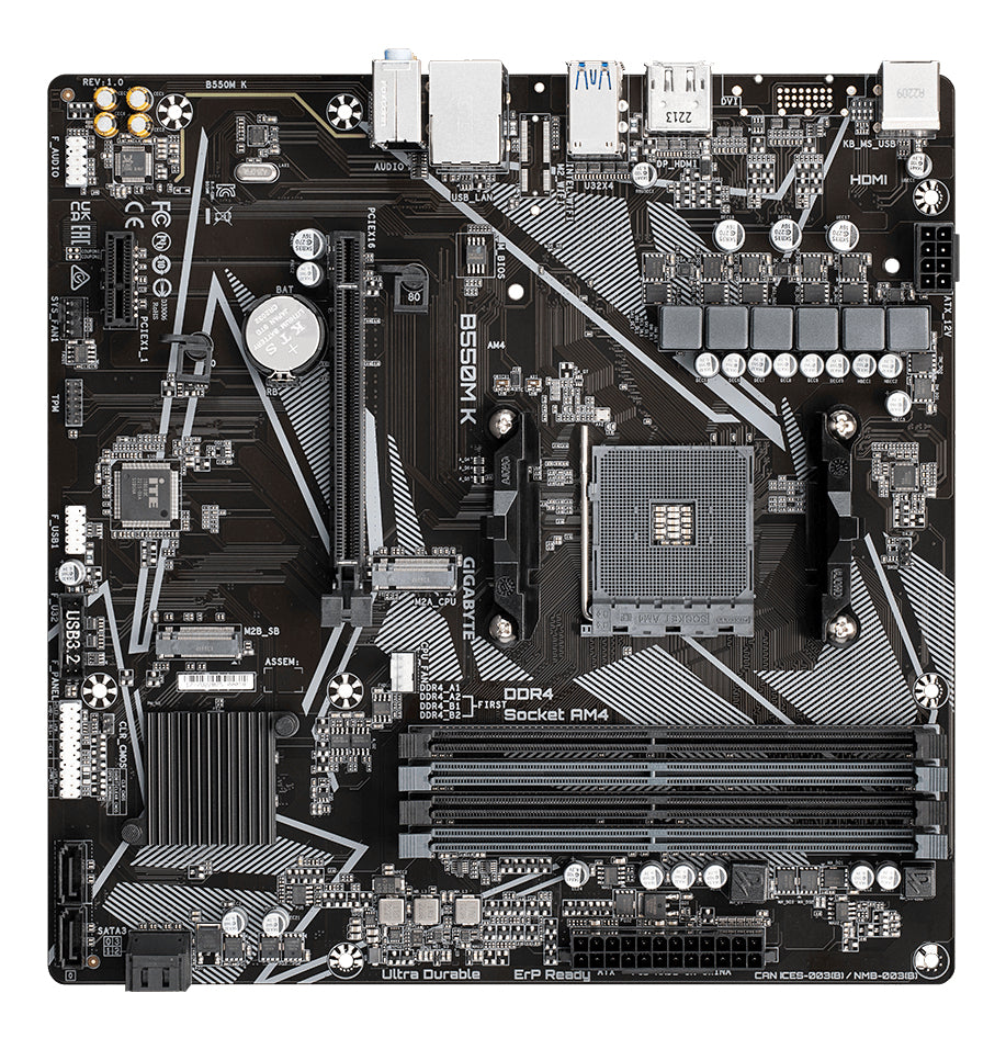 GIGABYTE B550M K Carte mère - Processeurs AMD Ryzen 5000, jusqu'à 4733 MHz DDR4, 1xPCIe 4.0 + 1xPCIe 3.0 M.2, LAN 1GbE, USB 3.2 Gen 1