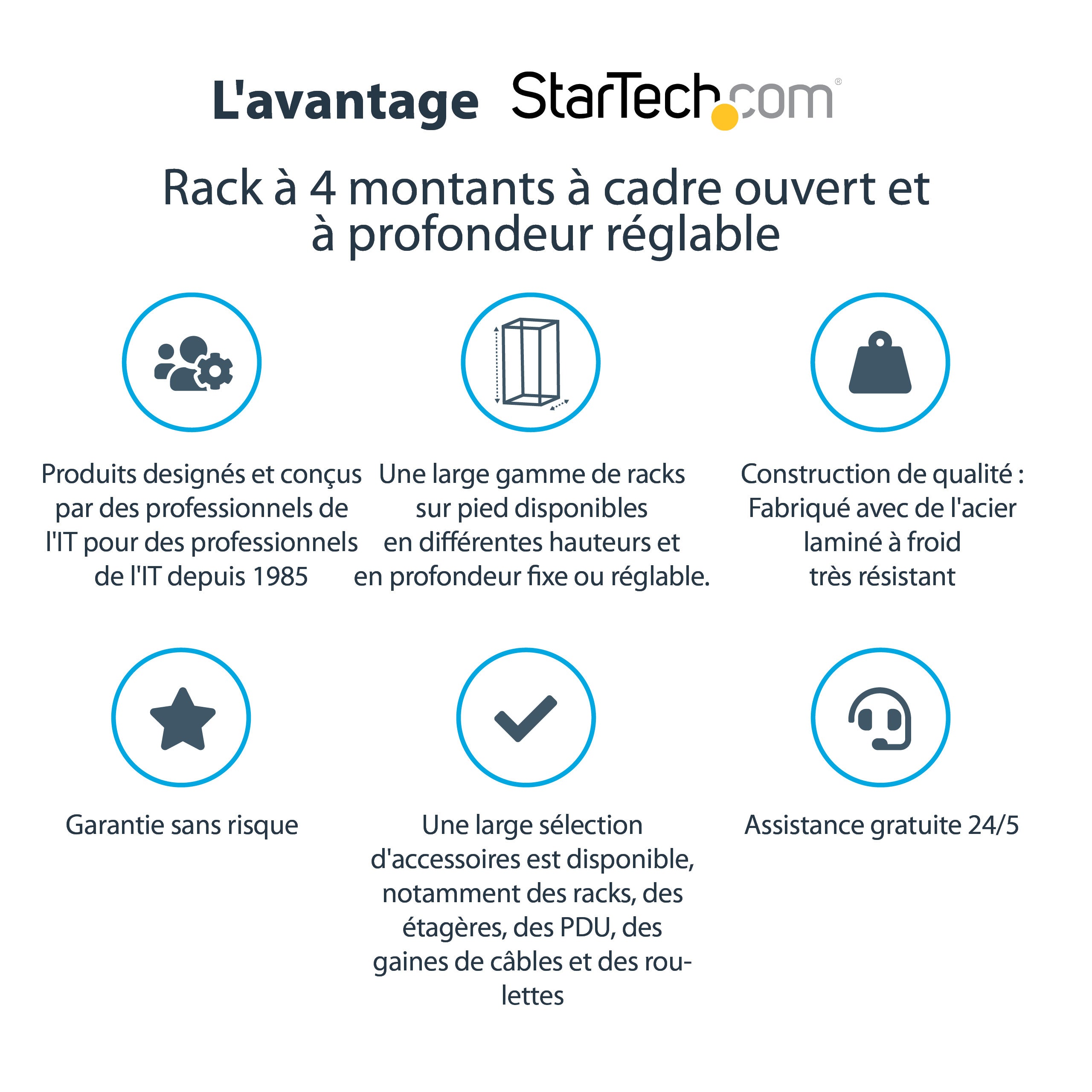 StarTech.com Rack Serveur Mobile 25U 4 Poteaux, Rack Réseau 19" 4 Poteaux avec Roulettes, Rack Roulant avec Profondeur Ajustable pour PC/AV/Données/Informatique - Roulettes, Pieds de nivellement ou Fixation au Sol