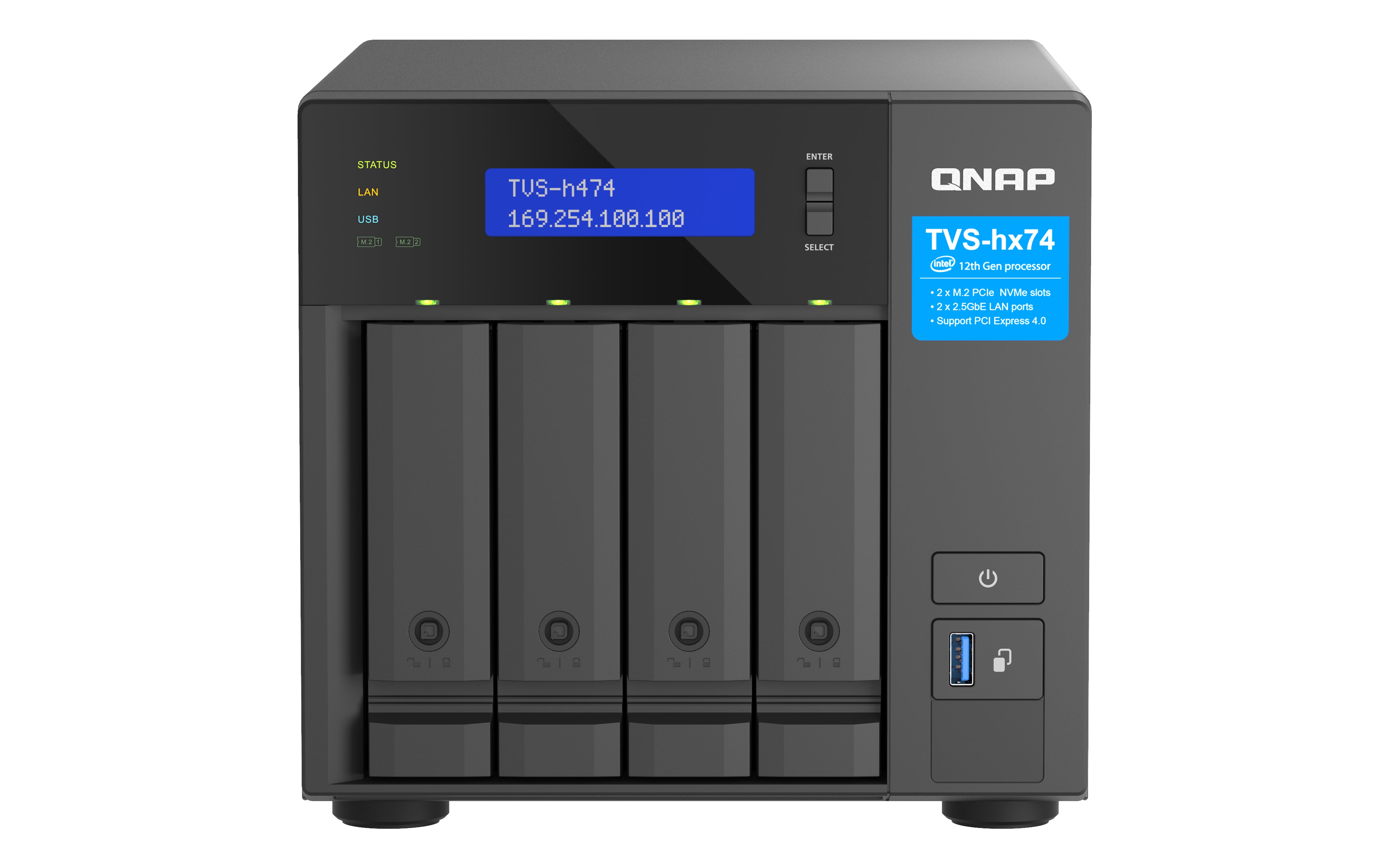 QNAP TVS-H474 NAS Tower Intel® Pentium® G7400 8 Go DDR4 0 To QuTS hero Noir