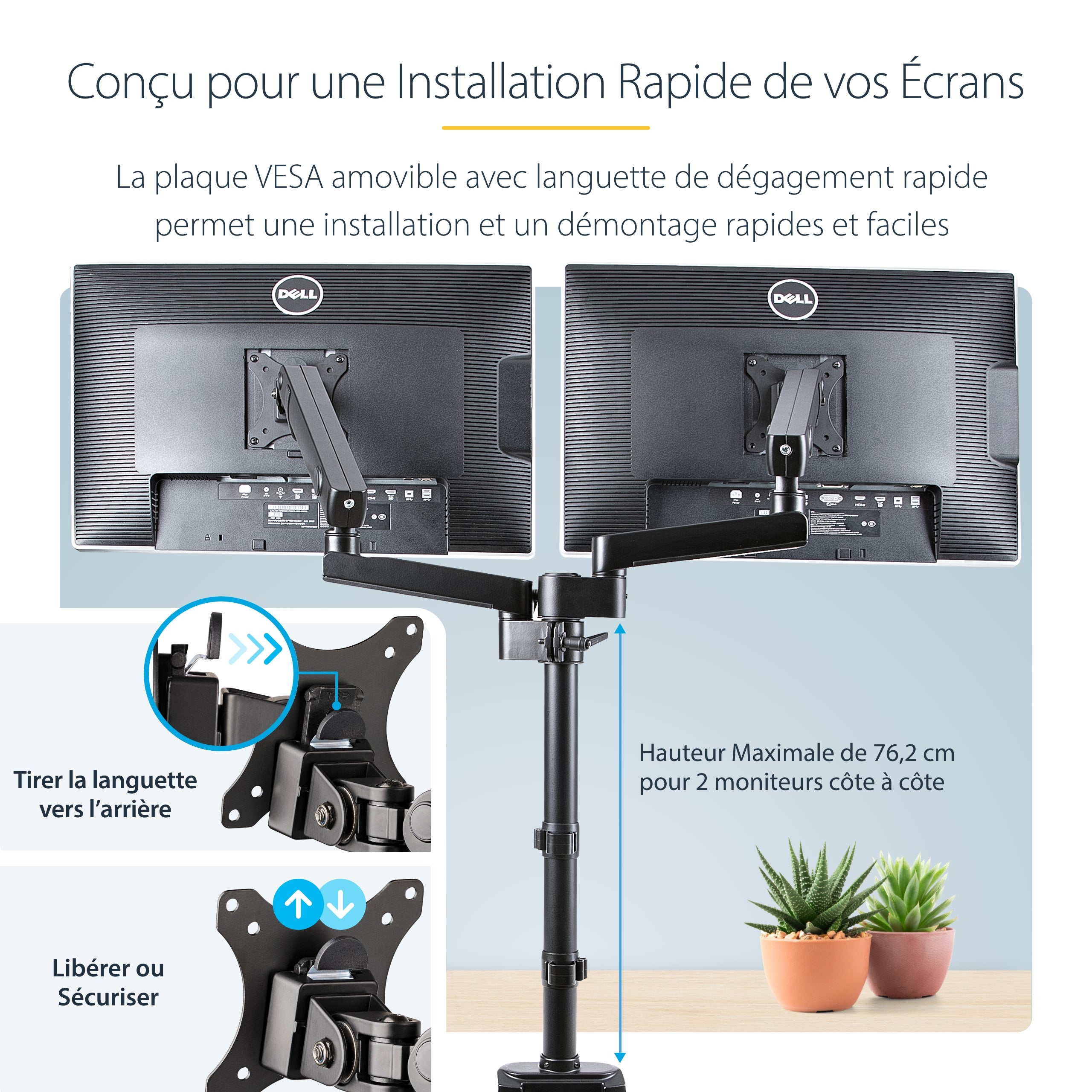 StarTech.com Support Double Écran PC - Bras Double Moniteur VESA - 32" 8kg - Empilables Verticalement - Porte 2 Écrans Hauteur Réglable/Articulé - Fixation Pince/Sillet