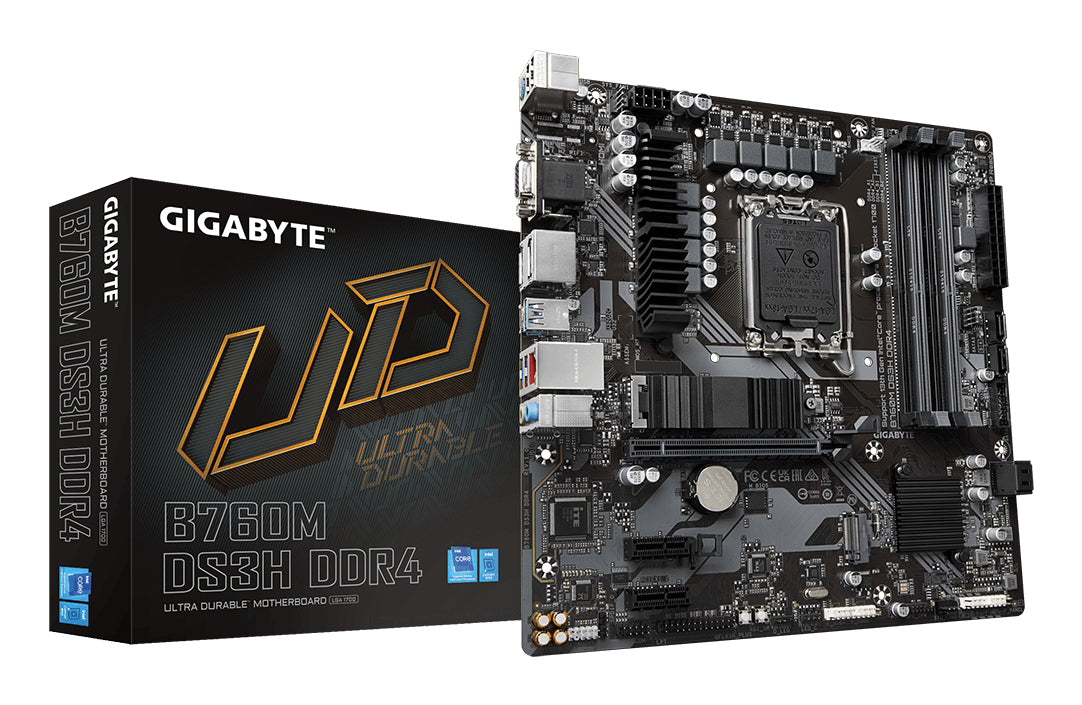 GIGABYTE B760M DS3H DDR4 Carte Mère - Prend en charge les processeurs Intel Core de 14e génération, VRM numérique 6+2+1 phases, jusqu'à 5333MHz DDR4 (OC), 2xPCIe 4.0 M.2, LAN 2.5GbE, USB 3.2 Gen2