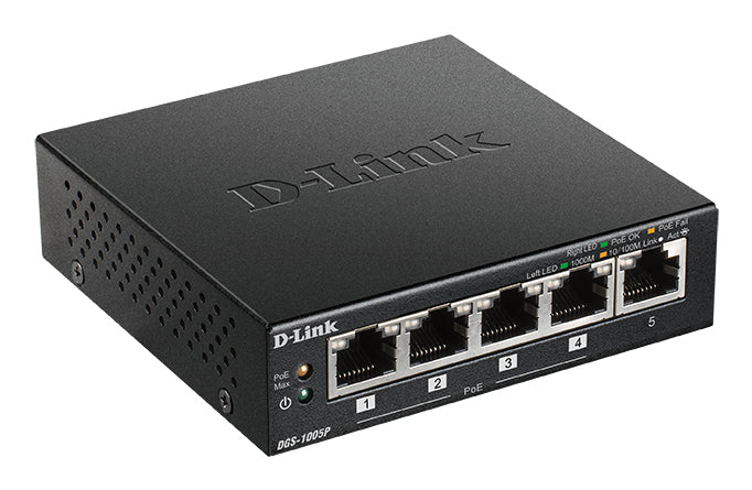 D-Link DGS-1005P/E commutateur réseau Non-géré Gigabit Ethernet (10/100/1000) Connexion Ethernet, supportant l'alimentation via ce port (PoE) Noir