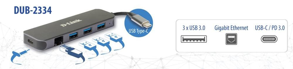 D-Link Hub USB-C 5-en-1 avec Gigabit Ethernet/alimentation DUB-2334