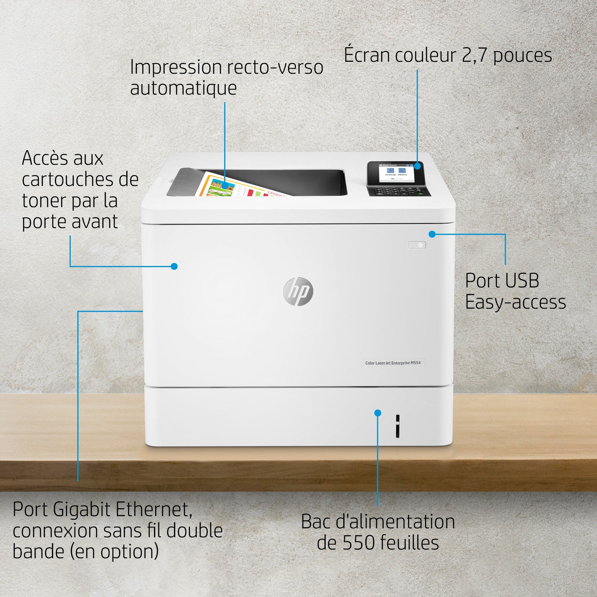 HP Color LaserJet Enterprise Imprimante M554dn, Imprimer, Impression USB en façade; Impression recto-verso