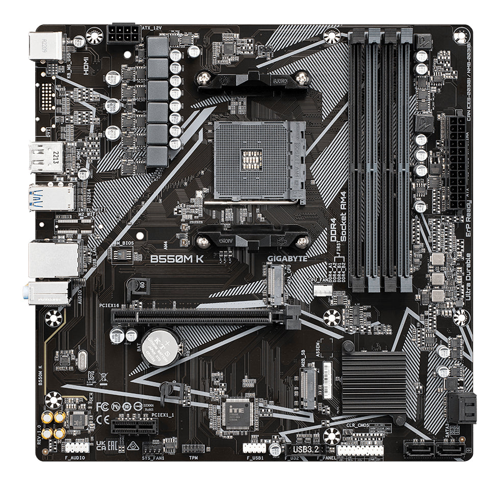 GIGABYTE B550M K Carte mère - Processeurs AMD Ryzen 5000, jusqu'à 4733 MHz DDR4, 1xPCIe 4.0 + 1xPCIe 3.0 M.2, LAN 1GbE, USB 3.2 Gen 1