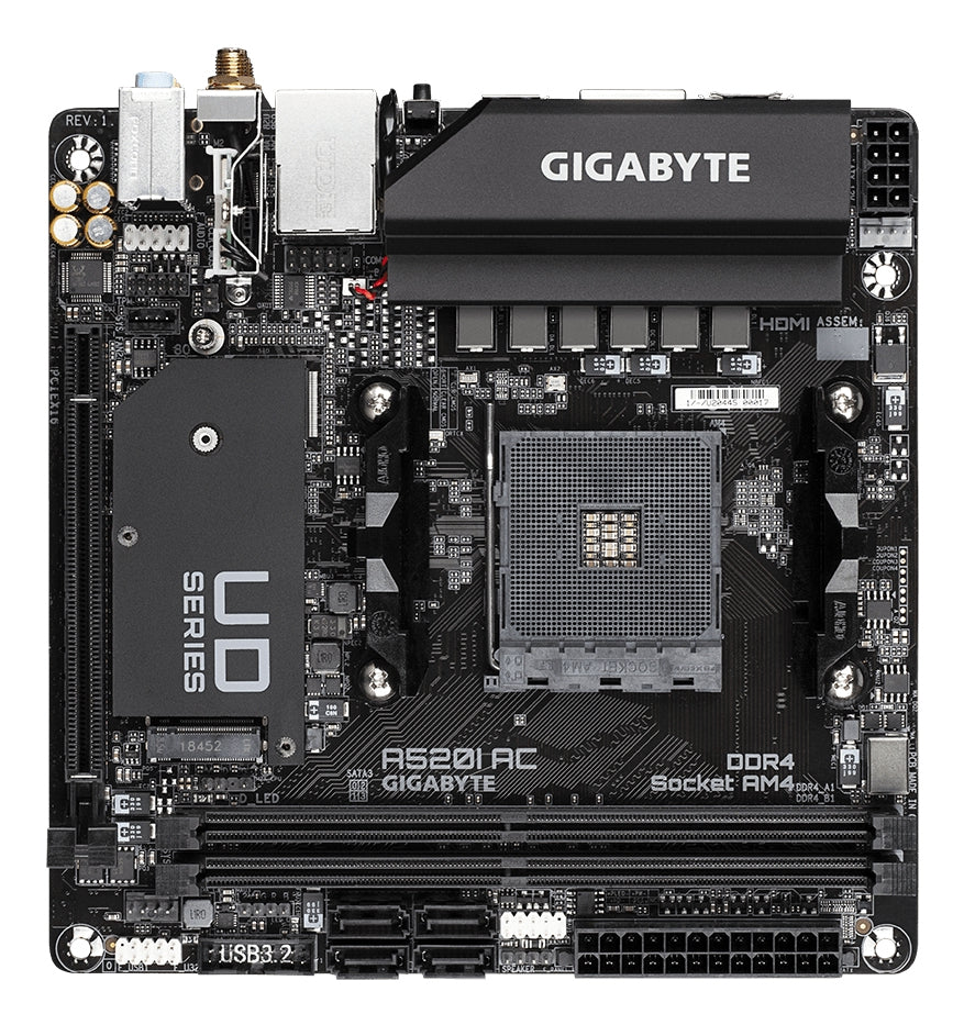 GIGABYTE A520I AC Carte Mère - Prend en charge les processeurs AMD Ryzen 5000 Series AM4, 6 phases VRM numériques, jusqu'à 5300MHz DDR4 (OC), 1xPCIe 3.0 M.2, WIFI, GbE LAN, USB 3.2 Gen1