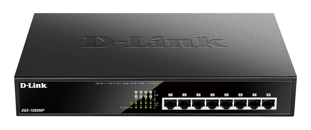 D-Link DGS-1008MP commutateur réseau Non-géré Gigabit Ethernet (10/100/1000) Connexion Ethernet, supportant l'alimentation via ce port (PoE) 1U Noir