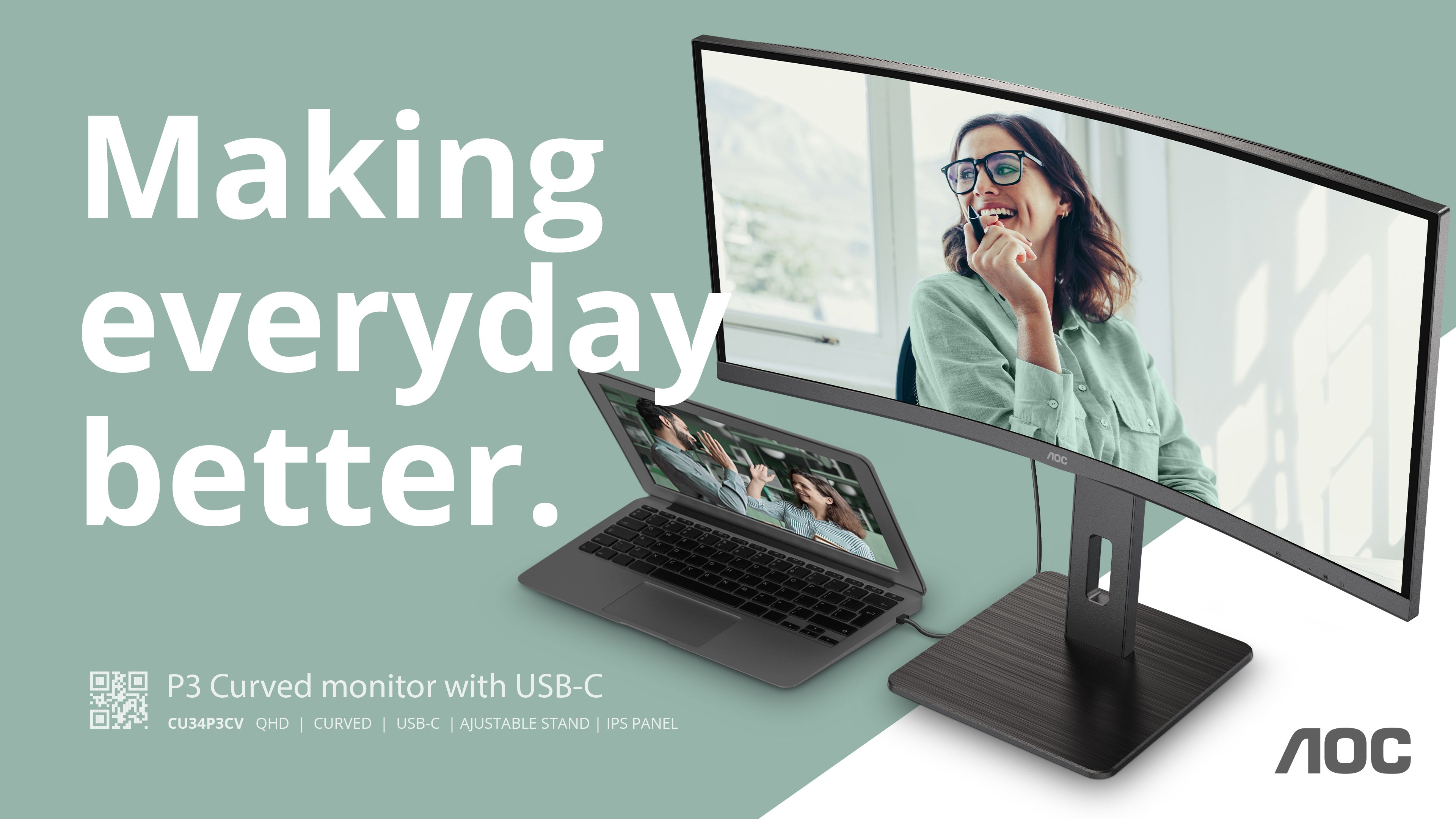 AOC CU34P3CV écran plat de PC 86,4 cm (34") 3440 x 1440 pixels UltraWide Quad HD LED Noir