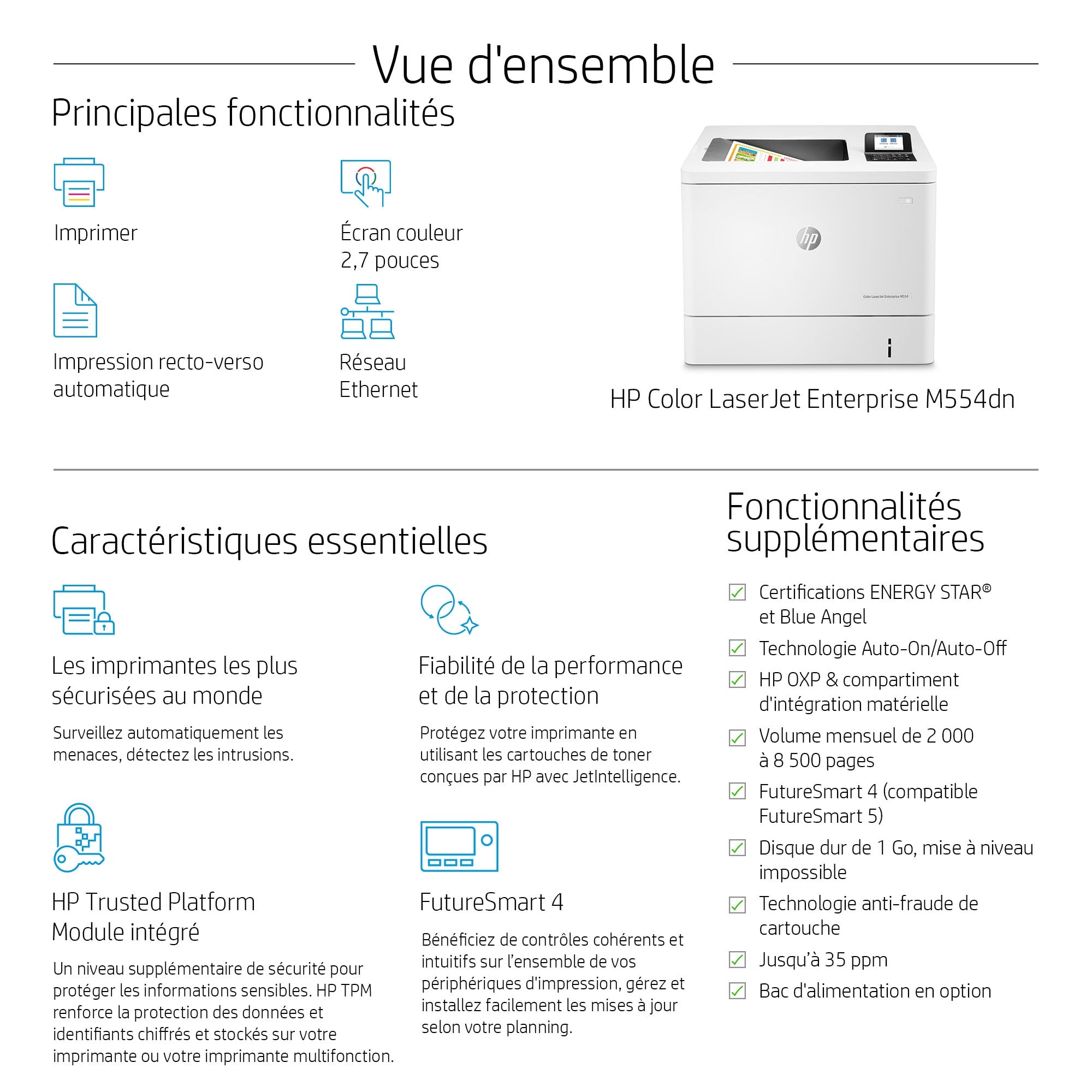 HP Color LaserJet Enterprise Imprimante M554dn, Imprimer, Impression USB en façade; Impression recto-verso