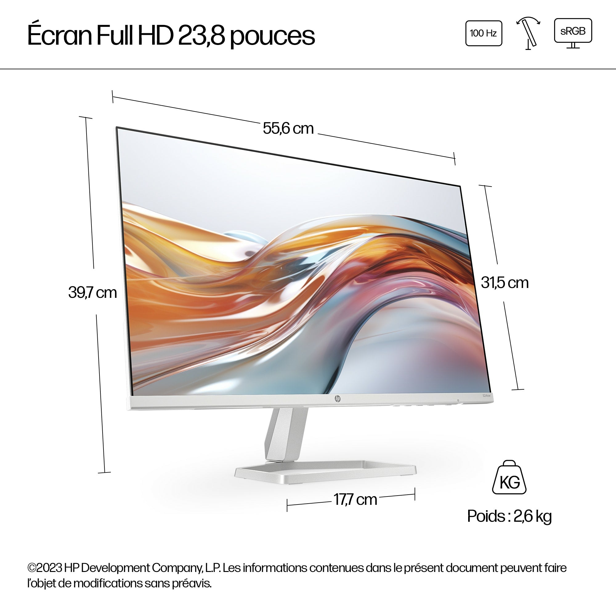 HP Écran Full HD blanc 23,8 pouces Série 5 - 524sw