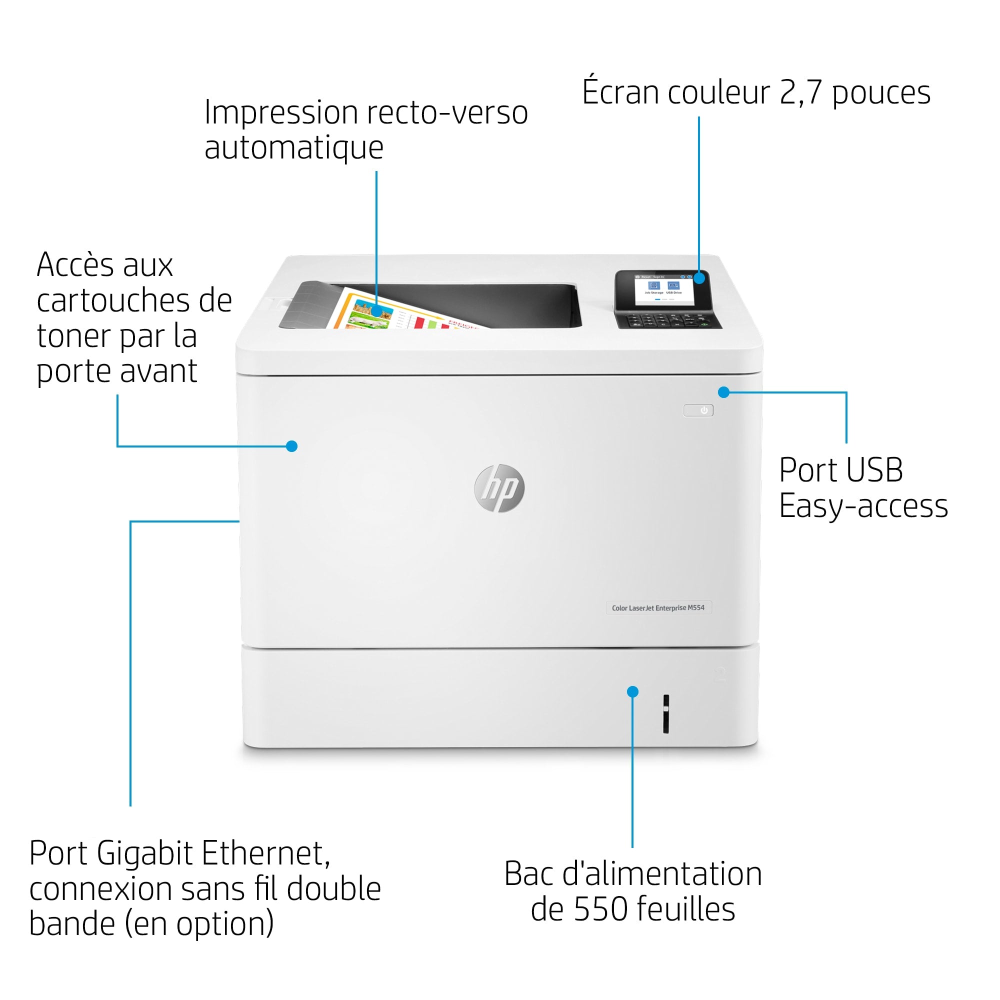 HP Color LaserJet Enterprise Imprimante M554dn, Imprimer, Impression USB en façade; Impression recto-verso