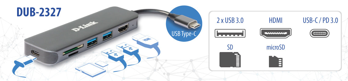D-Link Hub USB-C 6-en-1 avec HDMI/lecteur de carte/alimentation DUB-2327