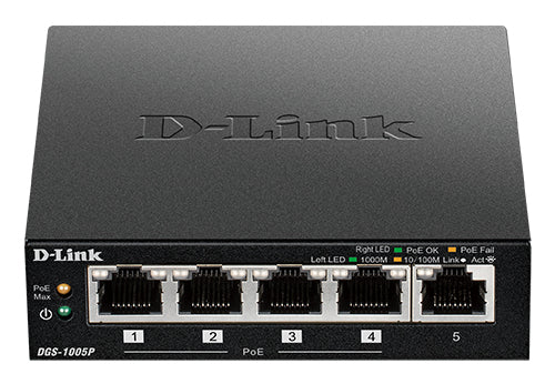 D-Link DGS-1005P/E commutateur réseau Non-géré Gigabit Ethernet (10/100/1000) Connexion Ethernet, supportant l'alimentation via ce port (PoE) Noir
