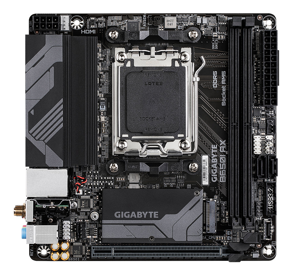 GIGABYTE B650I AX Carte mère - AMD Ryzen série 9000, VRM 5+2+1 phases, jusqu'à 6400 MHz DDR5 (OC), 1xPCIe 4.0 M.2, LAN 2,5 GbE, WIFI 6E, USB 3.2 Gen 2