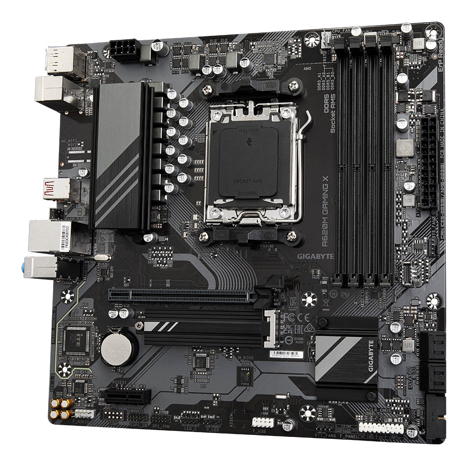 GIGABYTE A620M GAMING X Carte Mère - Prend en charge les processeurs AMD Ryzen 8000, VRM numérique 8+2+1 phases, jusqu'à 8000MHz DDR5 (OC), 1xPCIe 4.0 M.2, LAN GbE, USB 3.2 Gen 2