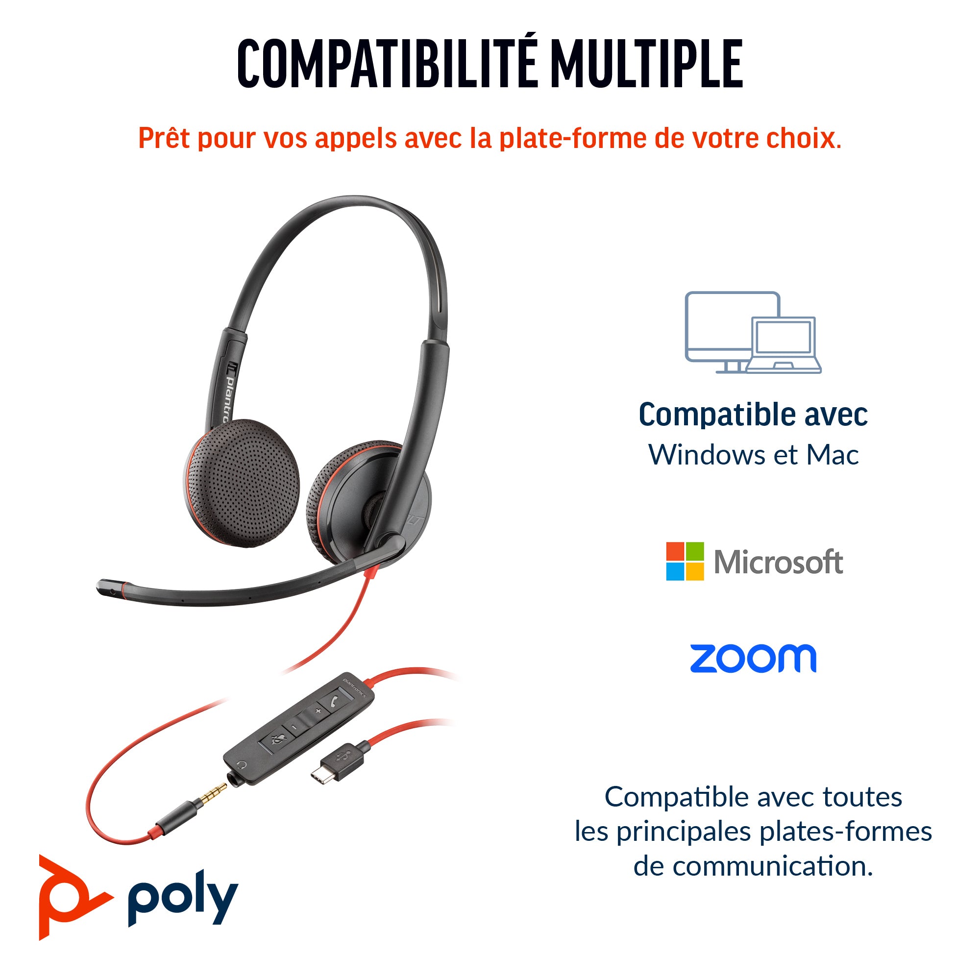 Poly Micro-casque stéréo USB-C Blackwire 3225 + prise 3,5 mm + adaptateur USB-C/A (lot)