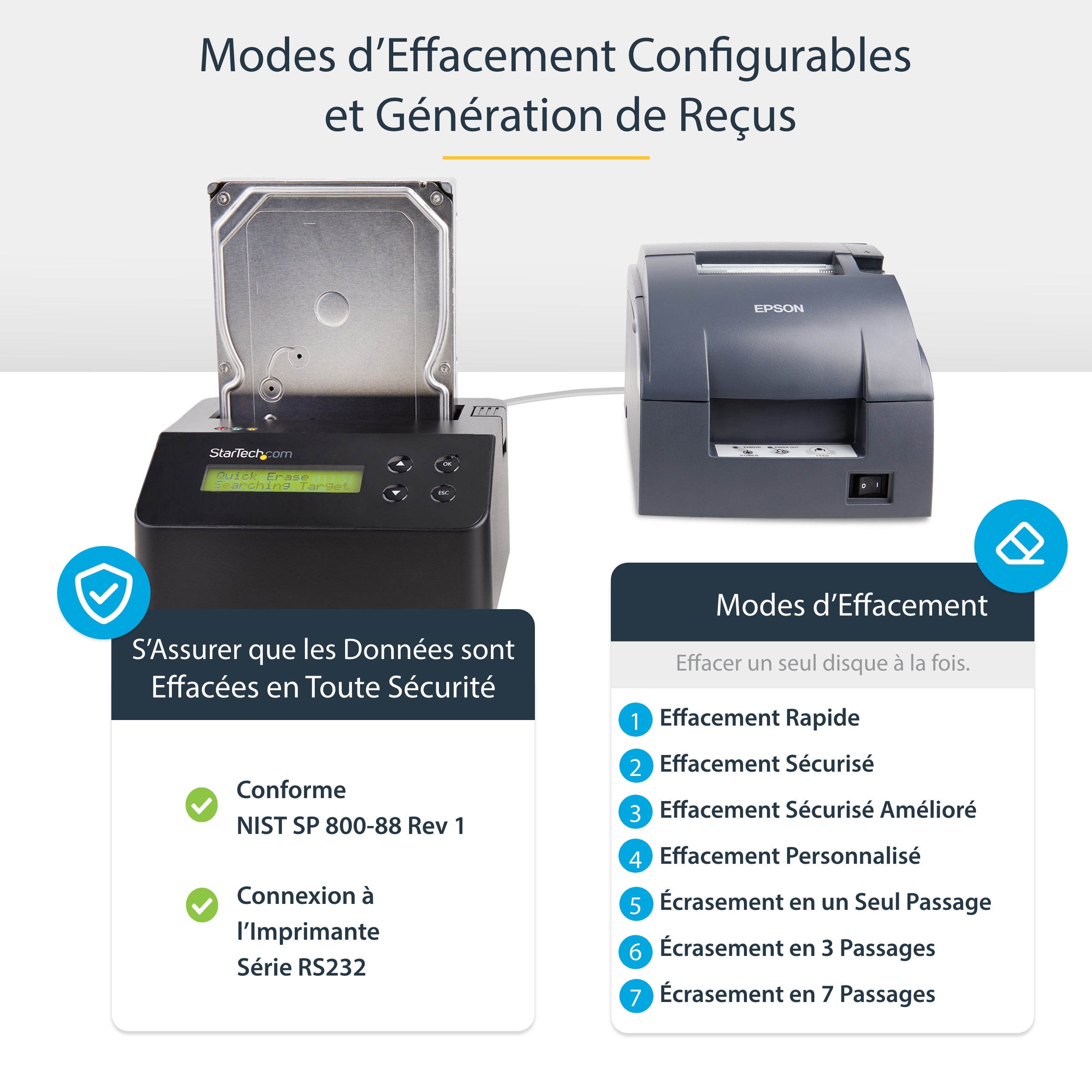 StarTech.com Effaceur de Disque Dur à Baie Unique, Nettoyeur d'HDD/SSD Autonome, 4Kn, USB 3.0 à SATA III (6 Gbps), 9 Modes d'Effacement, Dock Nettoyeur de Disque Dur Secure Erase, Port d'Imprimante DB-9, TAA