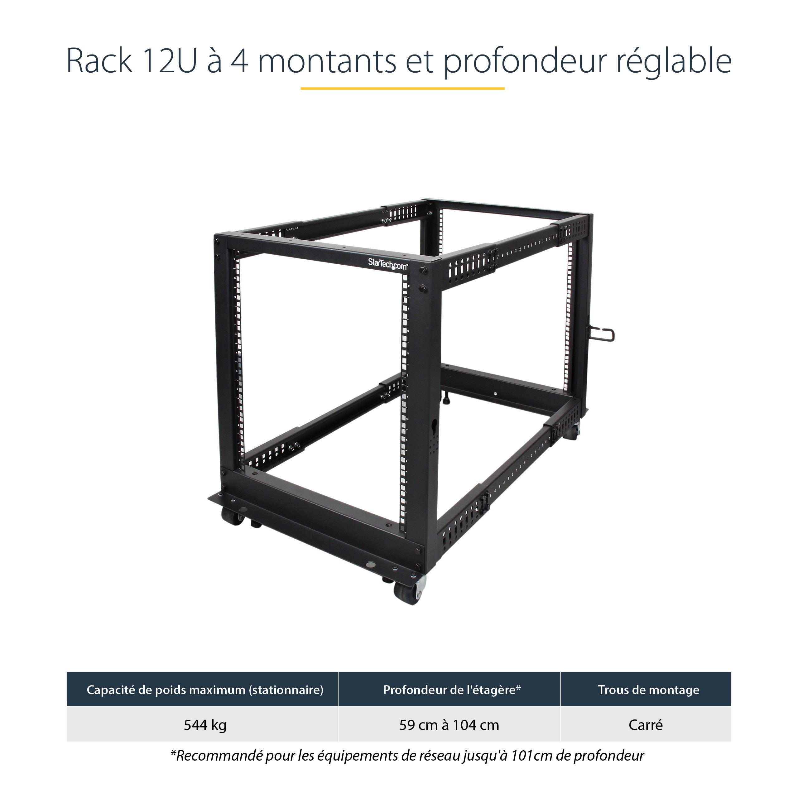 StarTech.com Rack Serveur Mobile 12U 4 Poteaux, Rack Réseau 19" 4 Poteaux avec Roulettes, Rack Roulant avec Profondeur Ajustable pour PC/AV/Données/Informatique - Roulettes, Pieds de nivellement ou Fixation au Sol