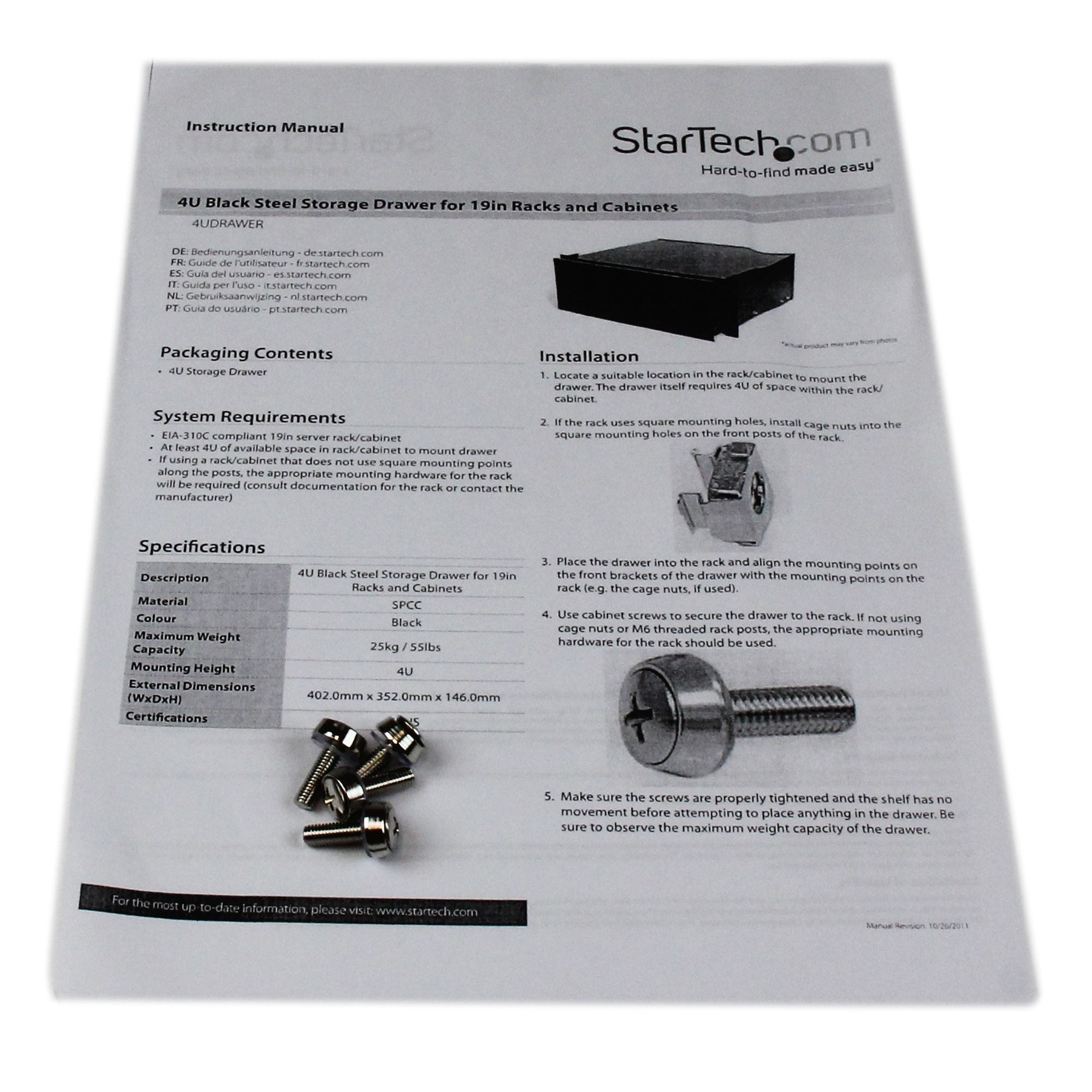 StarTech.com Tiroir de stockage en acier noir 4U pour racks et armoires 48 cm