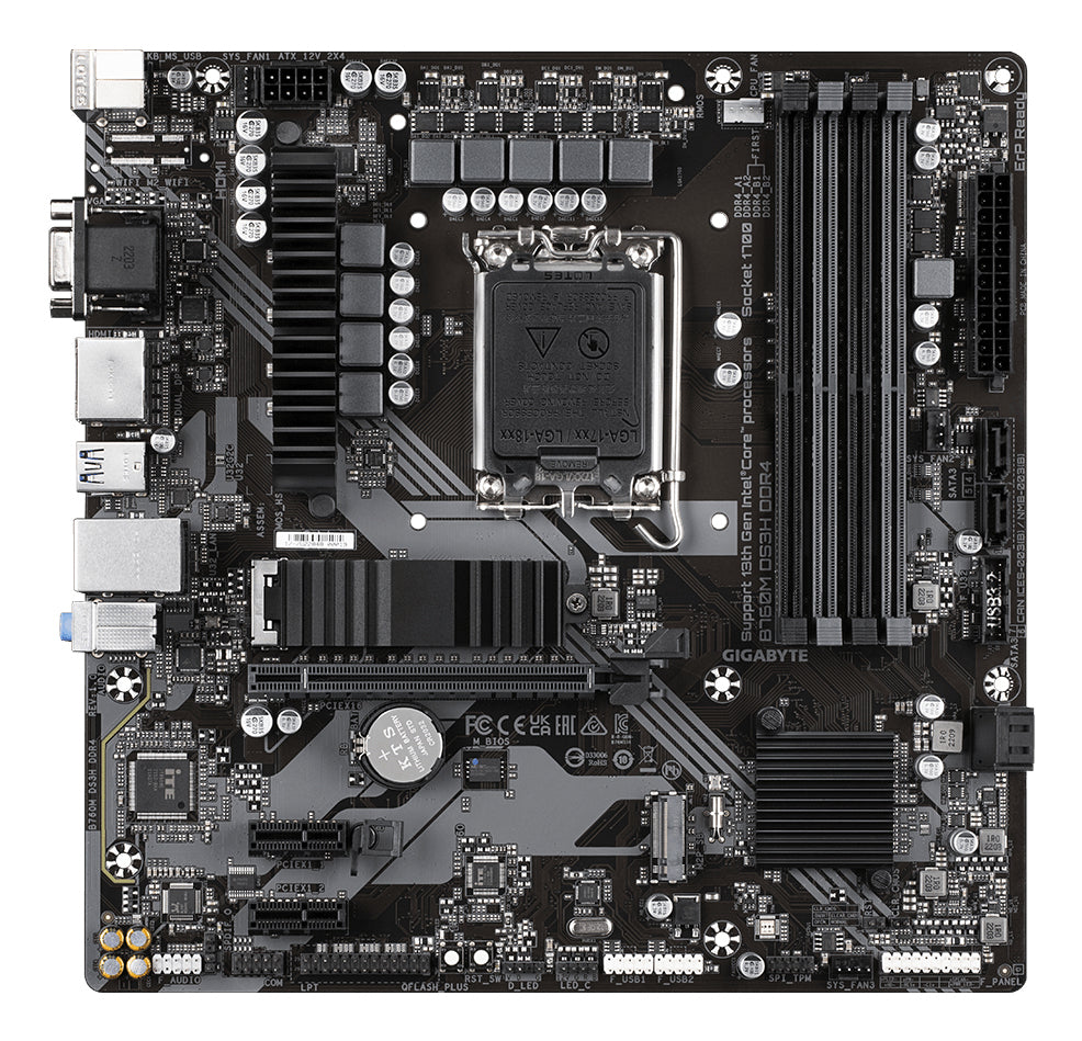 GIGABYTE B760M DS3H DDR4 Carte Mère - Prend en charge les processeurs Intel Core de 14e génération, VRM numérique 6+2+1 phases, jusqu'à 5333MHz DDR4 (OC), 2xPCIe 4.0 M.2, LAN 2.5GbE, USB 3.2 Gen2