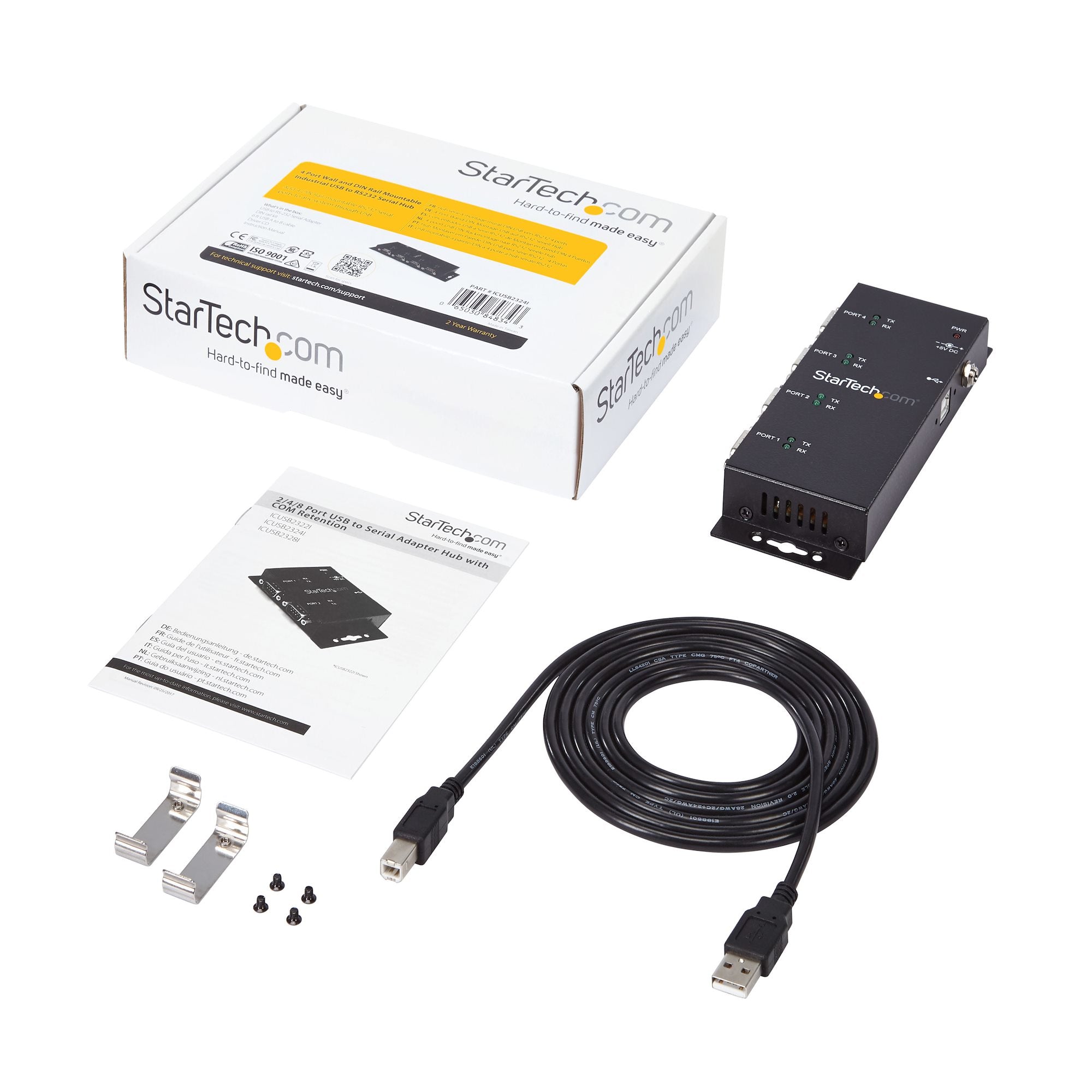 StarTech.com Hub adaptateur USB vers série DB9 RS232 4 ports – Montage sur rail DIN industriel et mural