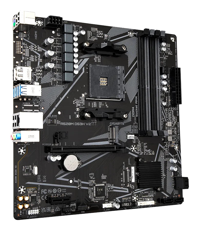 GIGABYTE Carte mère A520M DS3H V2 - Prend en charge les processeurs AMD Ryzen série 5000 AM4, jusqu'à 4733 MHz DDR4 (OC), PCIe 3.0 x16, LAN GbE, USB 3.2 Gen 1