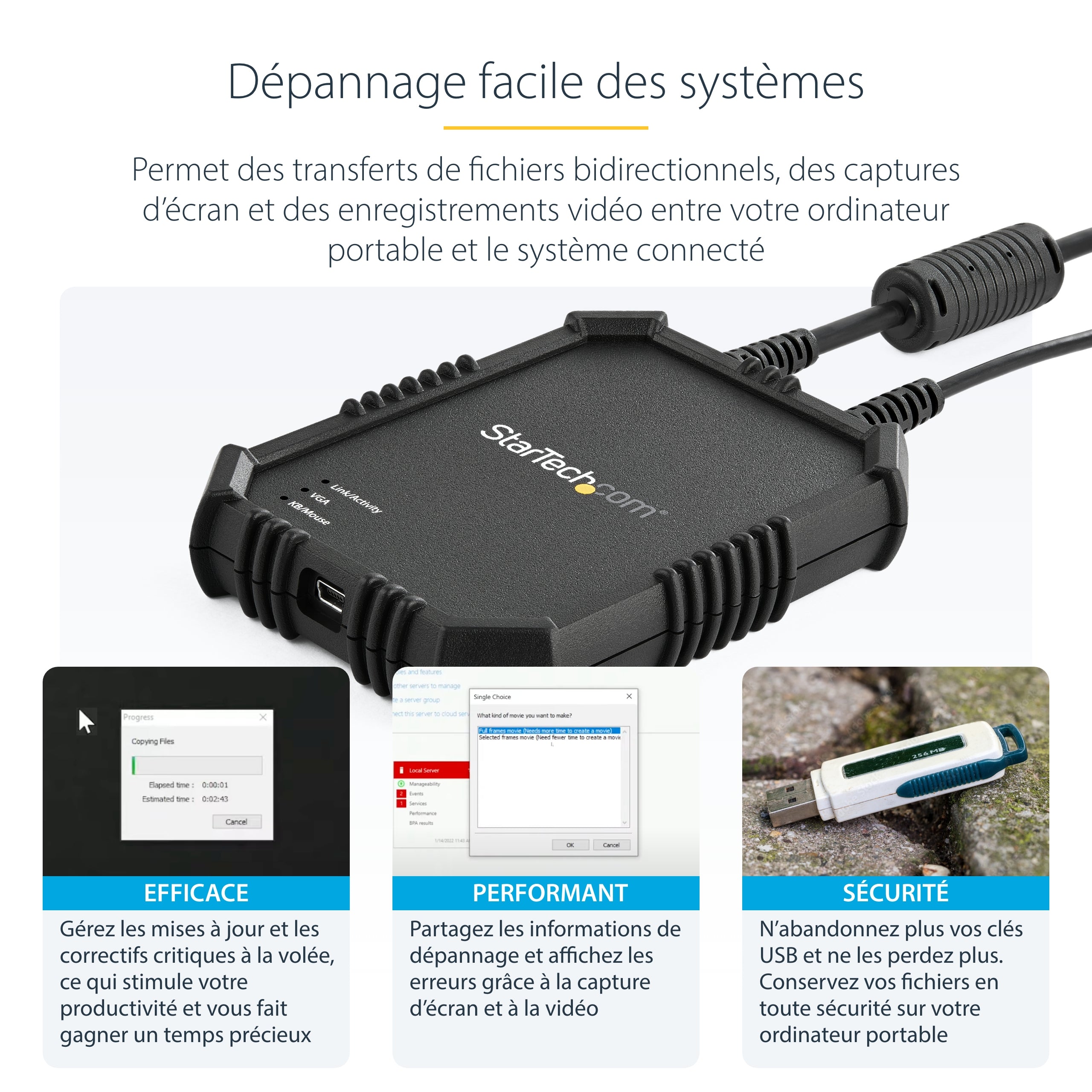 StarTech.com Adaptateur crash cart pour PC portable avec boîtier durable - Console KVM USB avec transfert de fichier et acquisition vidéo