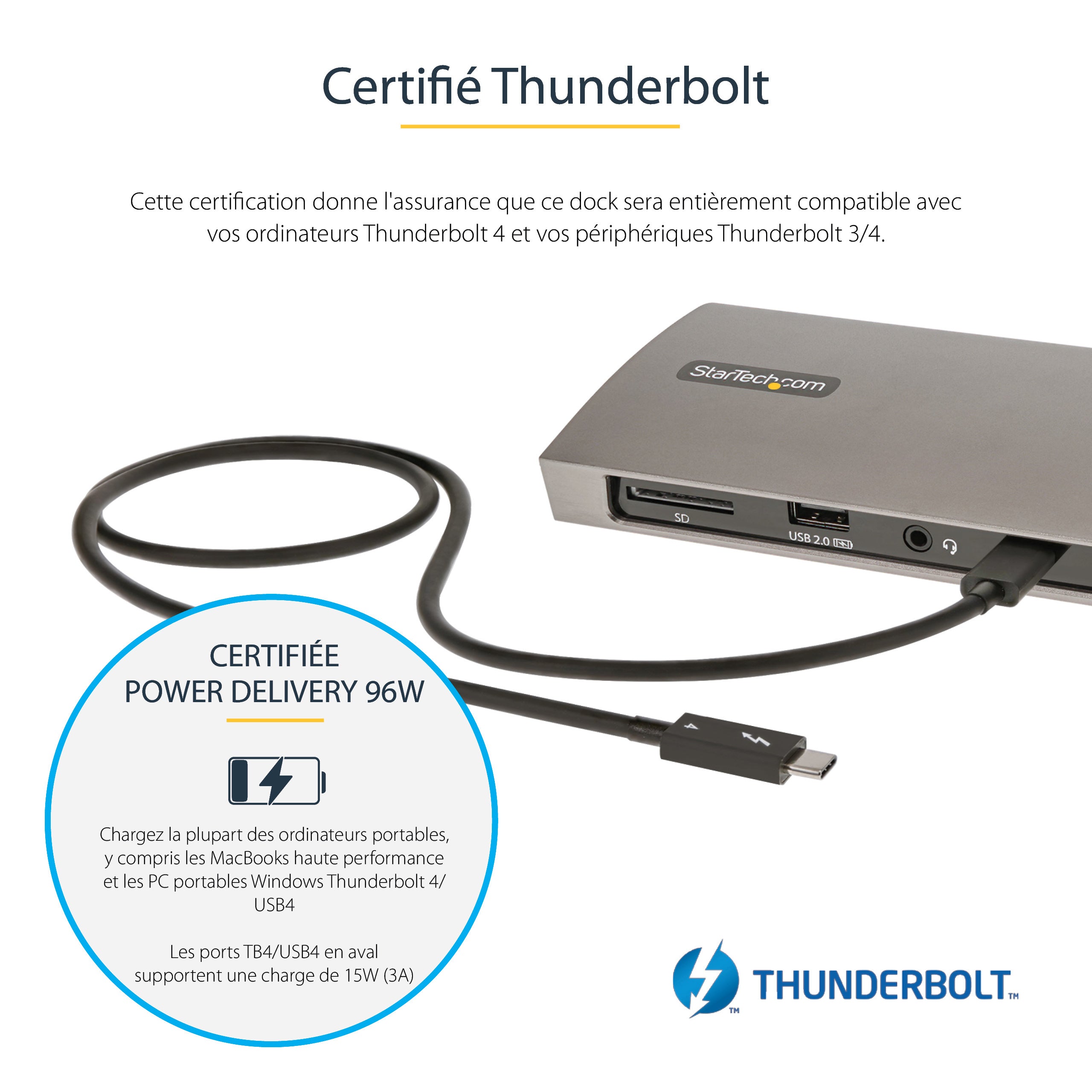 StarTech.com Dock Thunderbolt 4 - Hub Thunderbolt 4 96W Power Delivery - Moniteur unique 8K/Double moniteurs 4K 60Hz - Docking Station Thunderbolt 4 3xTB4/USB4/4xUSB-A/SD/GbE - Station d'Accueil Thunderbolt 4