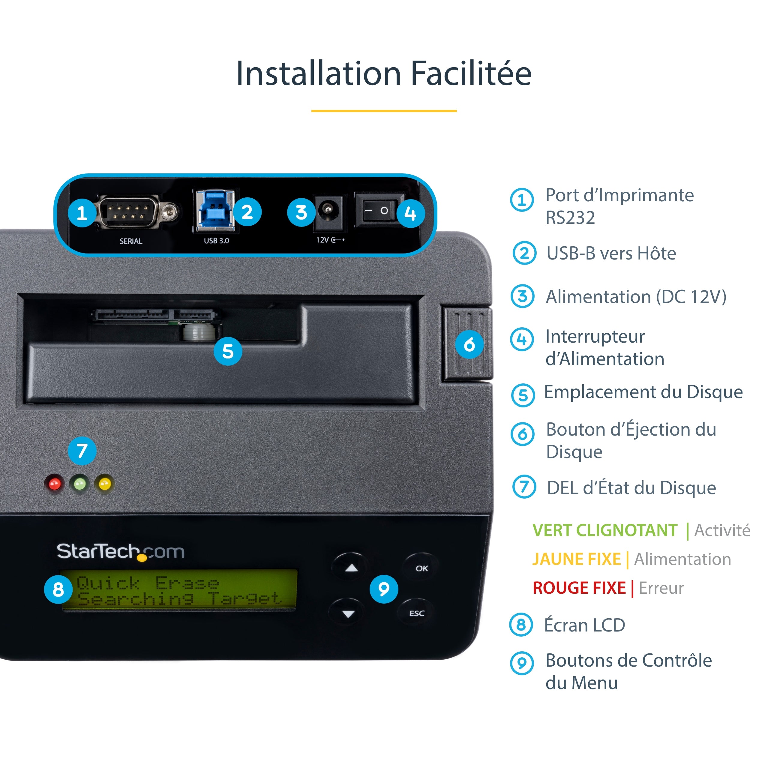 StarTech.com Effaceur de Disque Dur à Baie Unique, Nettoyeur d'HDD/SSD Autonome, 4Kn, USB 3.0 à SATA III (6 Gbps), 9 Modes d'Effacement, Dock Nettoyeur de Disque Dur Secure Erase, Port d'Imprimante DB-9, TAA