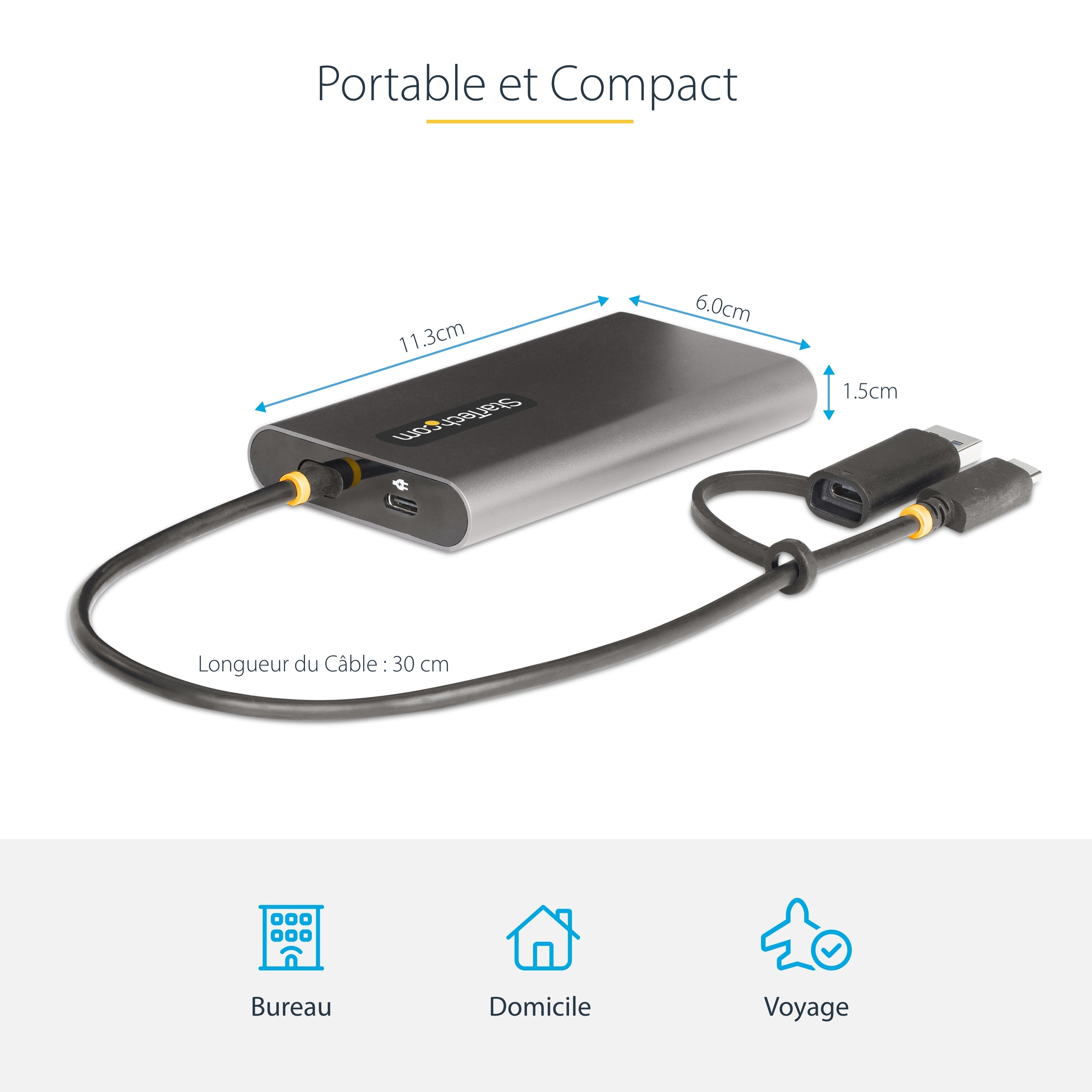 StarTech.com Adaptateur USB-C vers Double HDMI - USB-C ou A vers 2x HDMI - 4K 60Hz - 100W Power Delivery Pass-Through - Adaptateur Vidéo avec Câble Intégré de 30cm - Convertisseur USB-C vers HDMI pour PC Portable