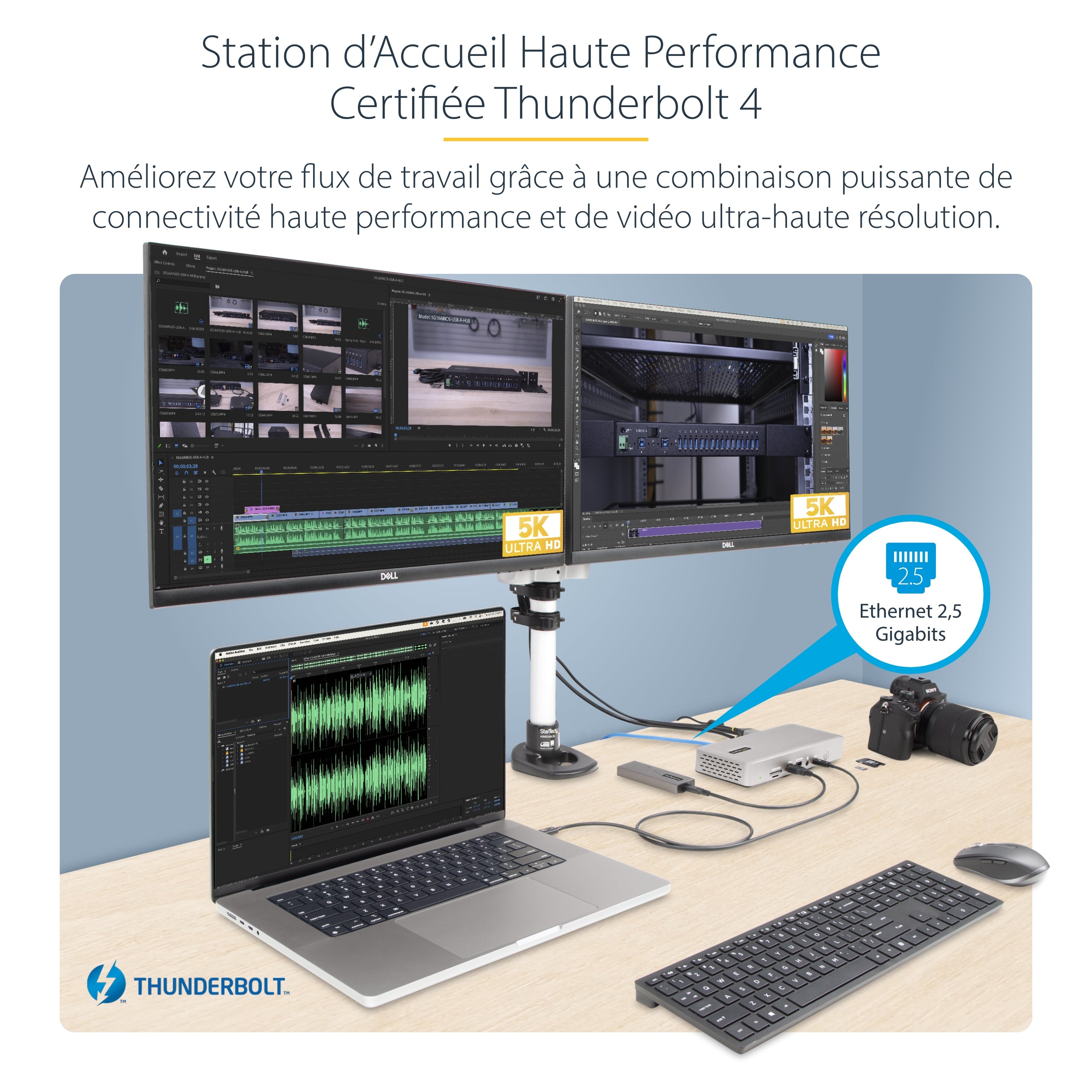 StarTech.com Station d'Accueil Thunderbolt 4 pour Écrans Multiples, Docking Station/Dock pour Quadruples/Triples/Doubles Écrans - 2x HDMI/2x DisplayPort, Hub 7x USB, Ethernet 2.5Gb, Power Delivery 98W