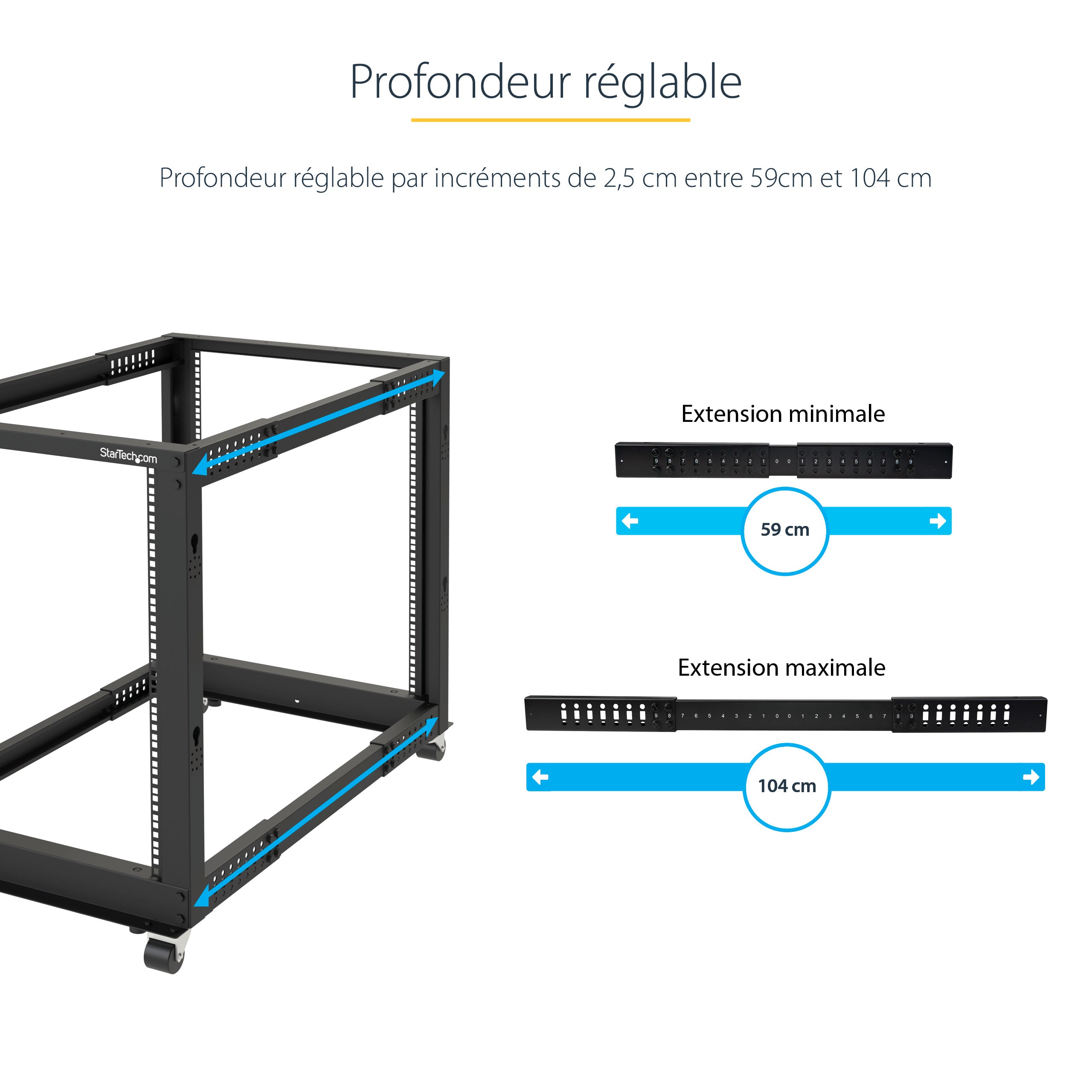 StarTech.com Rack Serveur Mobile 12U 4 Poteaux, Rack Réseau 19" 4 Poteaux avec Roulettes, Rack Roulant avec Profondeur Ajustable pour PC/AV/Données/Informatique - Roulettes, Pieds de nivellement ou Fixation au Sol