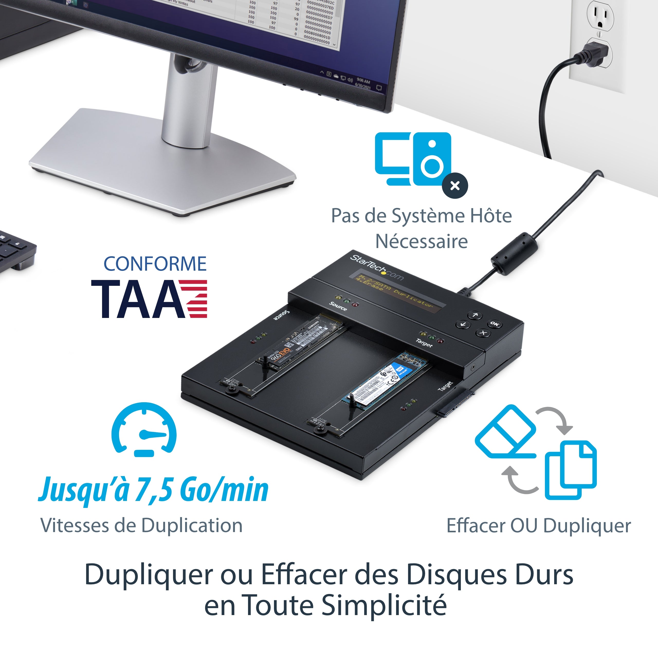 StarTech.com Duplicateur et effaceur autonome M.2 SATA & M.2 NVMe - Cloneur/effaceur HDD/SSD M.2 PCIe AHCI/NVMe, M.2 SATA, 2.5/3.5" SATA - Effaceur/duplicateur de disque dur externe, TAA