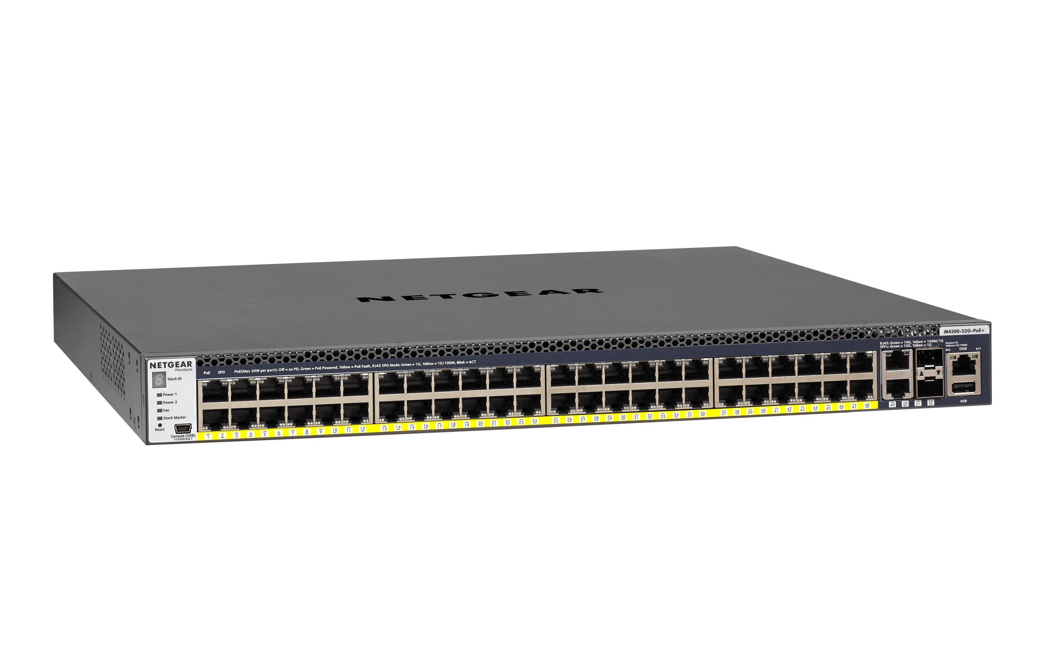 NETGEAR M4300-52G-PoE+ 1000W PSU Géré L2/L3/L4 Gigabit Ethernet (10/100/1000) Connexion Ethernet, supportant l'alimentation via ce port (PoE) 1U Noir