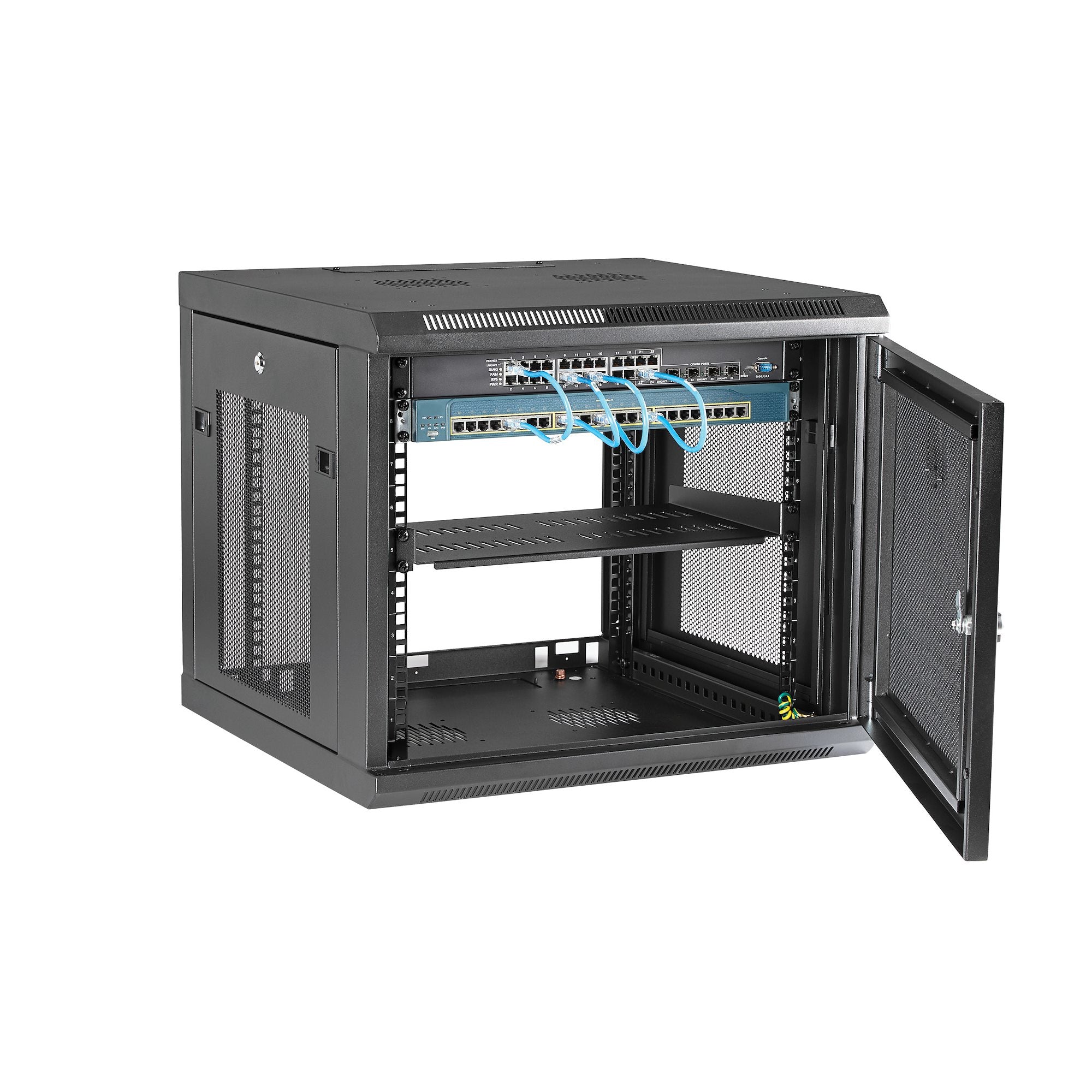 StarTech.com Armoire Réseau Murale 9U à 4 Montants avec Étagère 1U, Armoire Serveur Murale 19" pour Données / AV / Électronique / Équipement IT, Petite Armoire Rack Ventilée