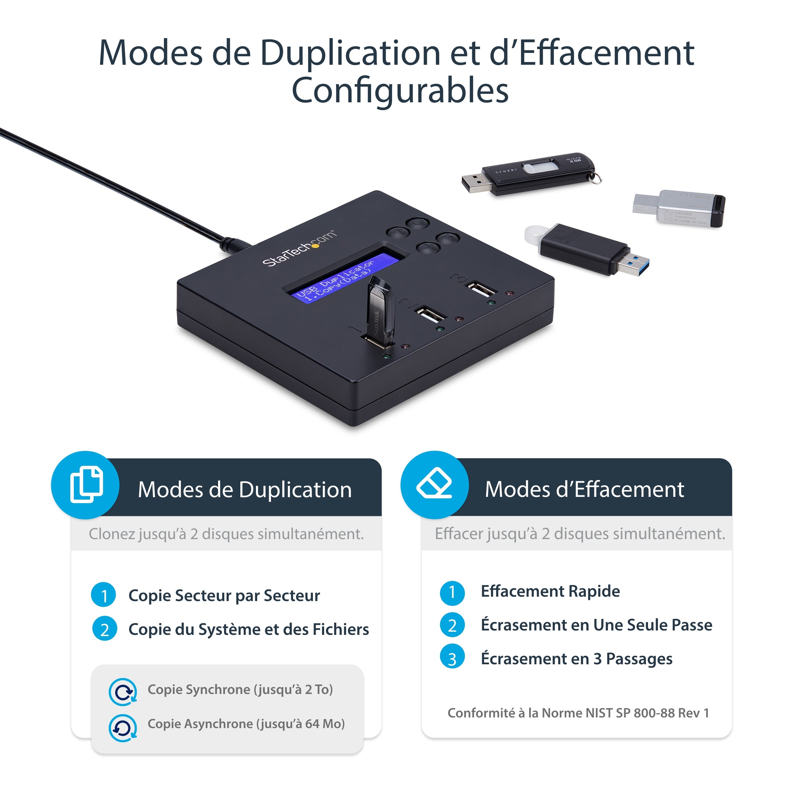 StarTech.com Duplicateur et Effaceur Autonome de 1 à 2 clés USB, Copieur de Plusieurs Clés USB, Copie Système et Fichier et Secteur par Secteur, 1,5 Go/min, Effacement en 3 Passes, Affichage LCD