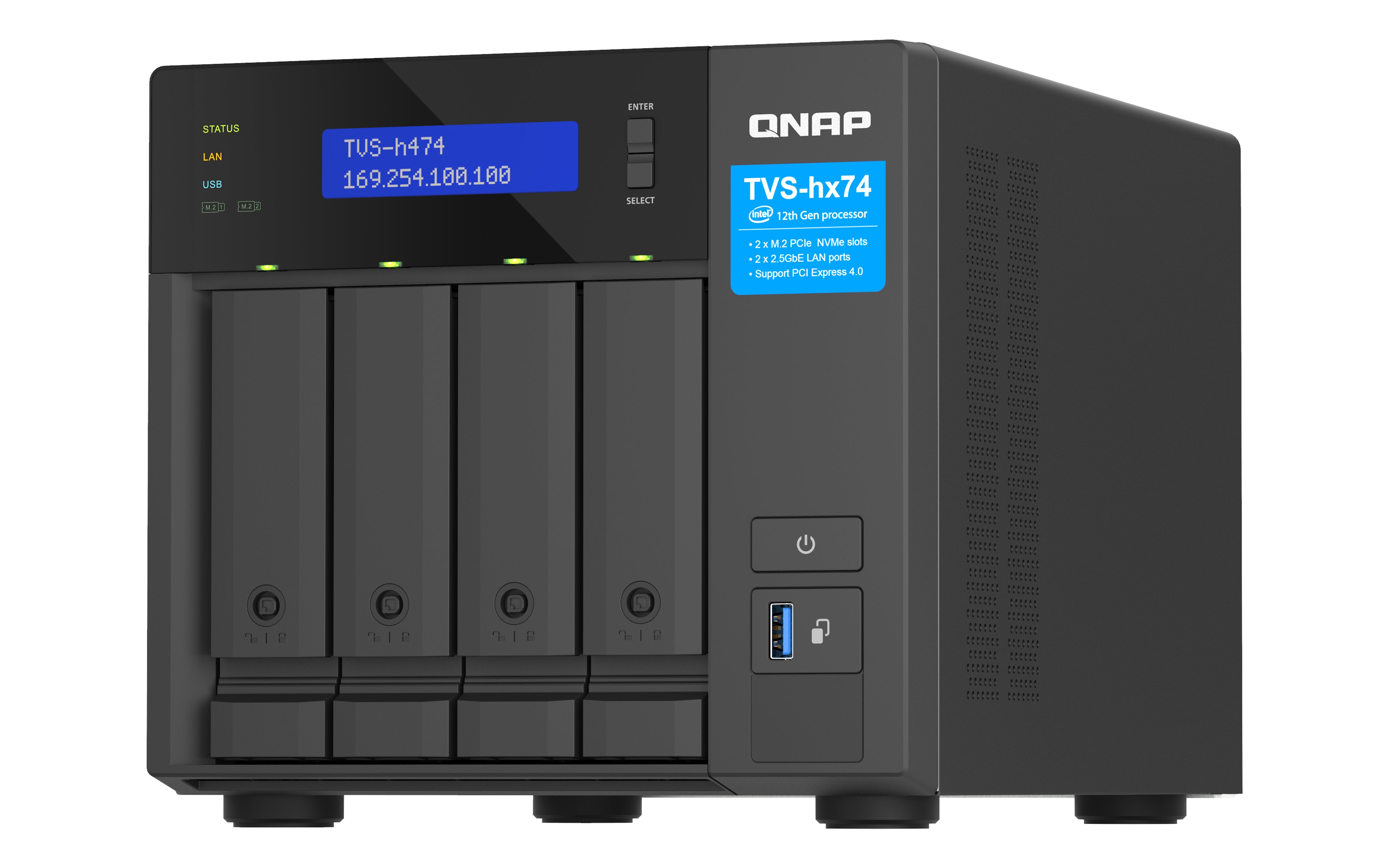QNAP TVS-H474 NAS Tower Intel® Pentium® G7400 8 Go DDR4 0 To QuTS hero Noir