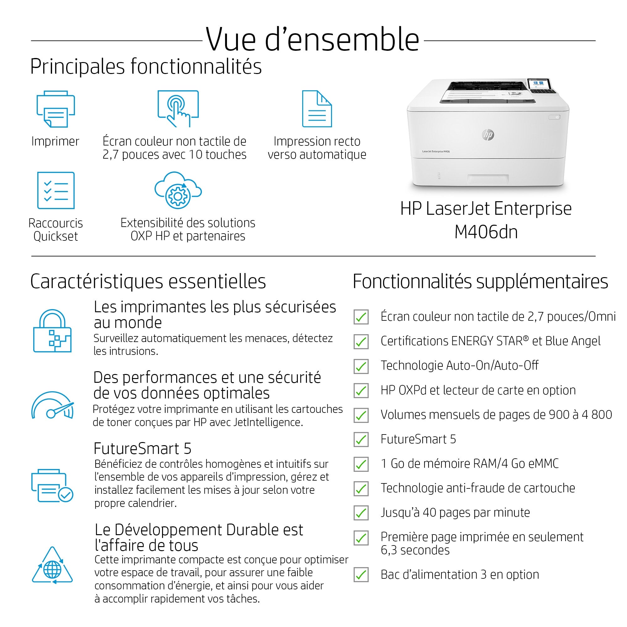 HP LaserJet Enterprise M406dn, Noir et blanc, Imprimante pour Entreprises, Imprimer, Taille compacte; Sécurité renforcée; Impression recto-verso; Éco-énergétique; Impression USB en façade