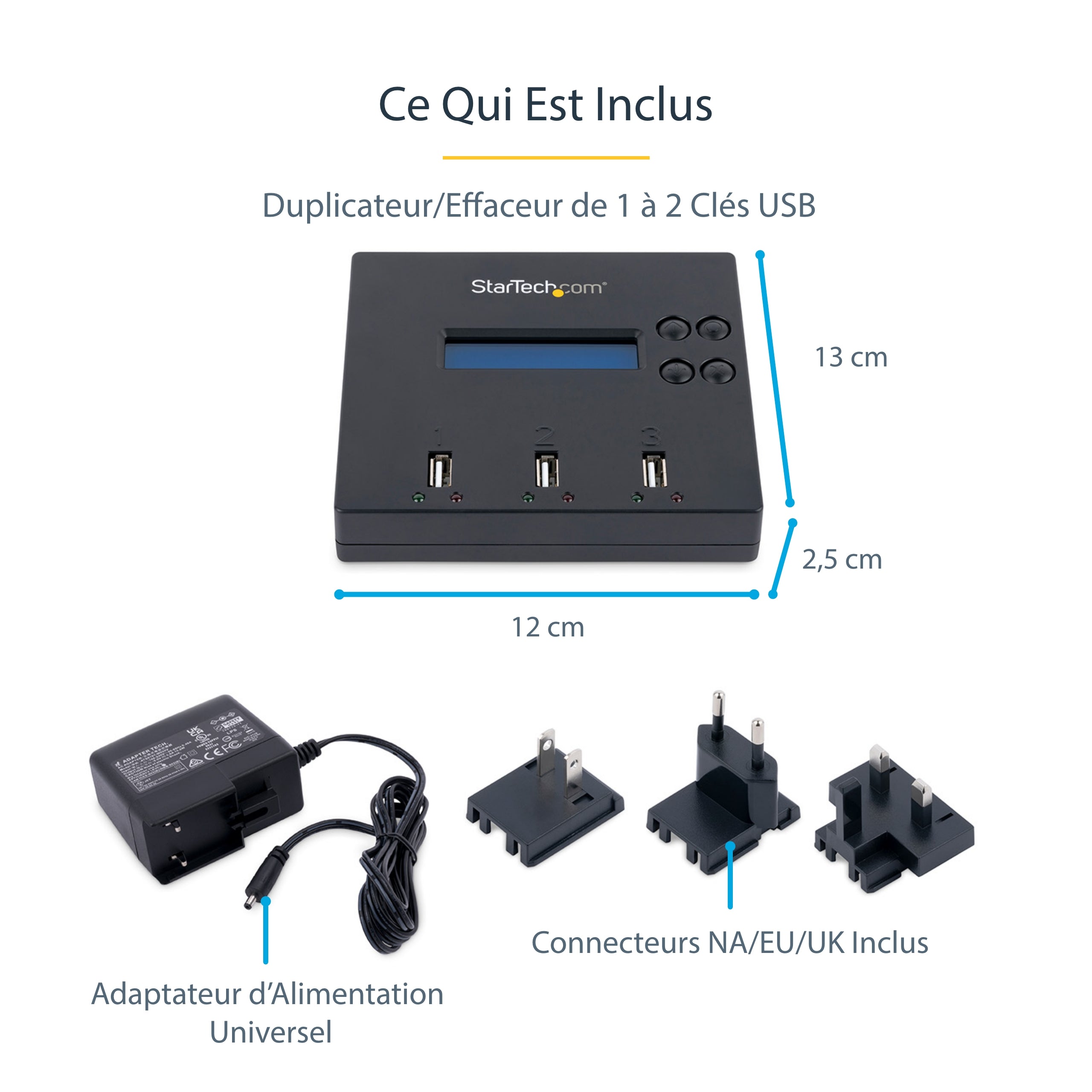 StarTech.com Duplicateur et Effaceur Autonome de 1 à 2 clés USB, Copieur de Plusieurs Clés USB, Copie Système et Fichier et Secteur par Secteur, 1,5 Go/min, Effacement en 3 Passes, Affichage LCD