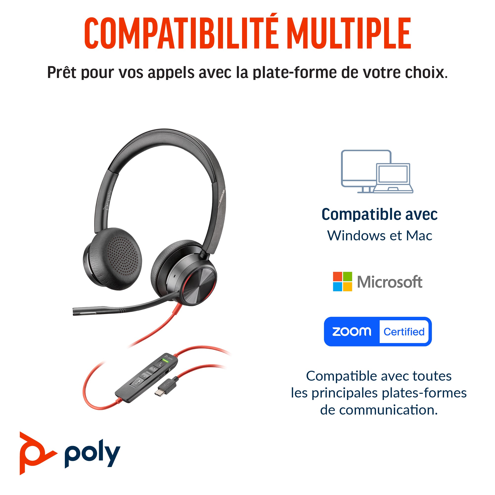 Poly Micro-casque Blackwire 8225 stéréo USB-C + adaptateur USB-C/A