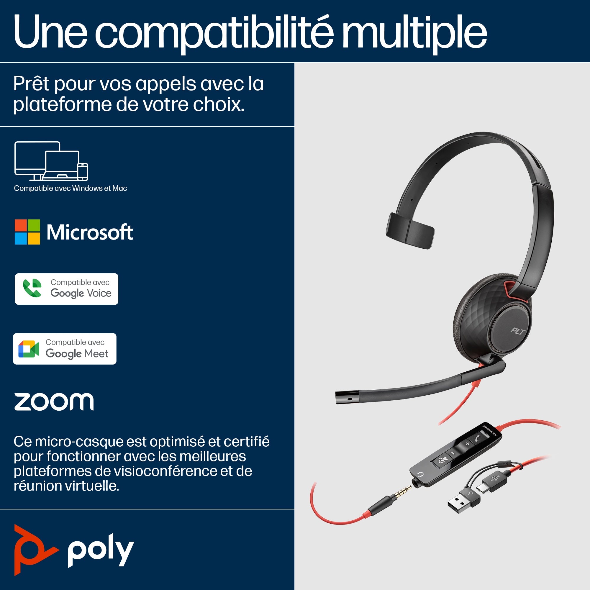 POLY Micro-casque monaural USB-C Blackwire 5210 + prise 3,5 mm + adaptateur USB-C/A
