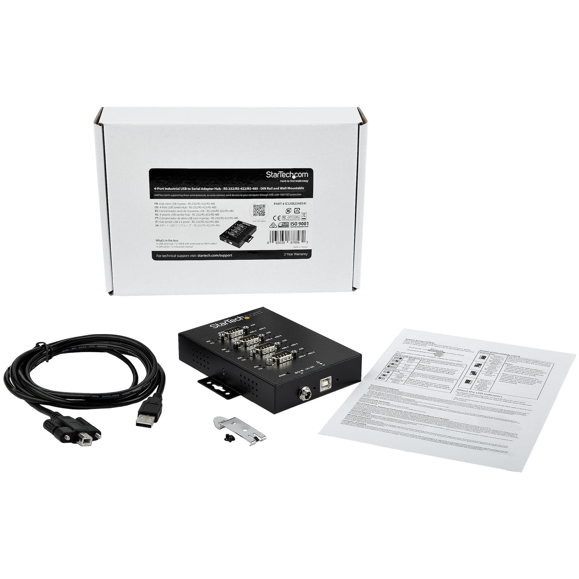 StarTech.com Hub Série 4 Ports USB vers RS232/RS485/RS422 - Convertisseur Industriel USB 2.0 vers DB9 - IP30 - Hub Série Métallique Montable sur Rail DIN - Protection ESD 15kV