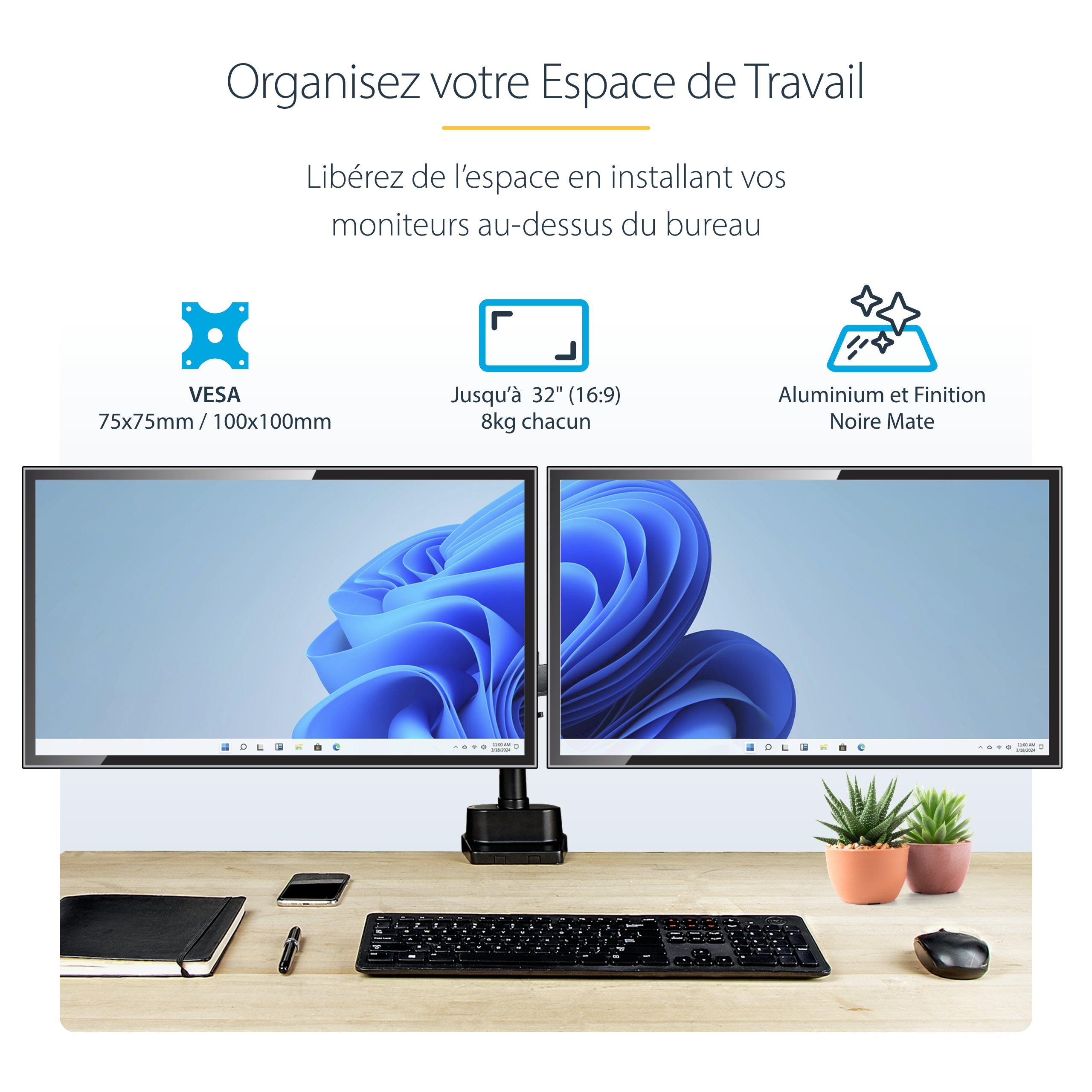 StarTech.com Support Double Écran PC - Bras Double Moniteur VESA - 32" 8kg - Empilables Verticalement - Porte 2 Écrans Hauteur Réglable/Articulé - Fixation Pince/œillet